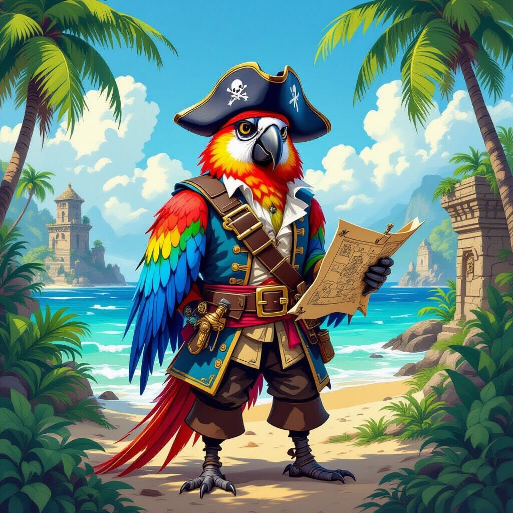Pirate and Parrot on Tropical Island Illustration