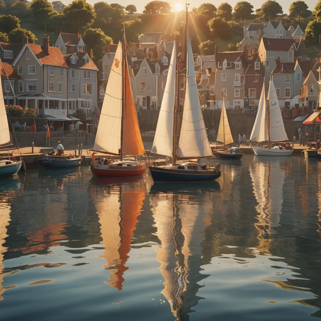 Boats Racing at Sunset in Sunny Harbor as 3D Render