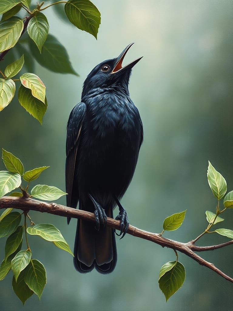 Realistic Oil Painting of a Black Bird Singing