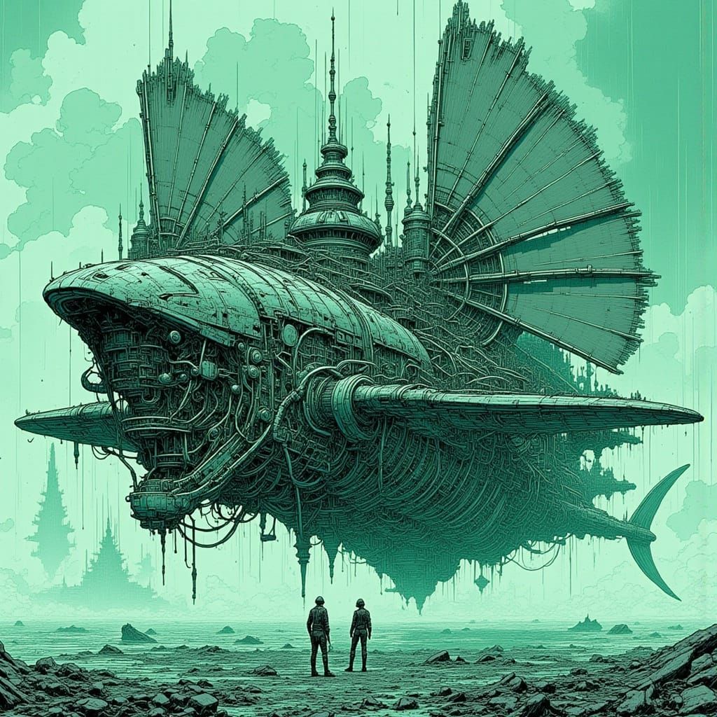 Industrial Futurist Iron Whale in Dystopian Landscape