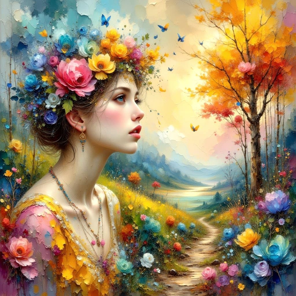 Colorful Fields Sunset: Retro Impasto Oil Painting