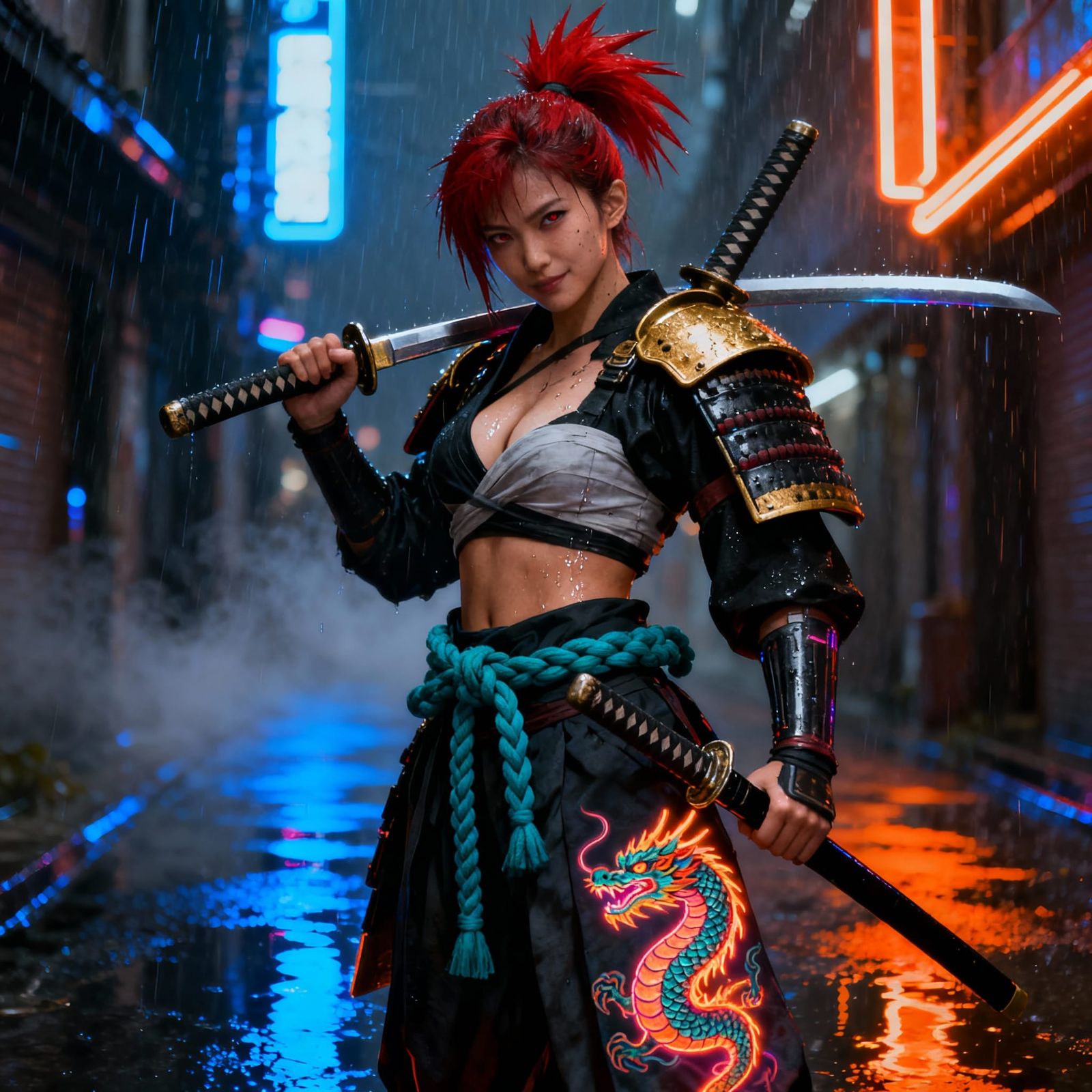 Cyberpunk Samurai Warrior in Neon Rain Alley
