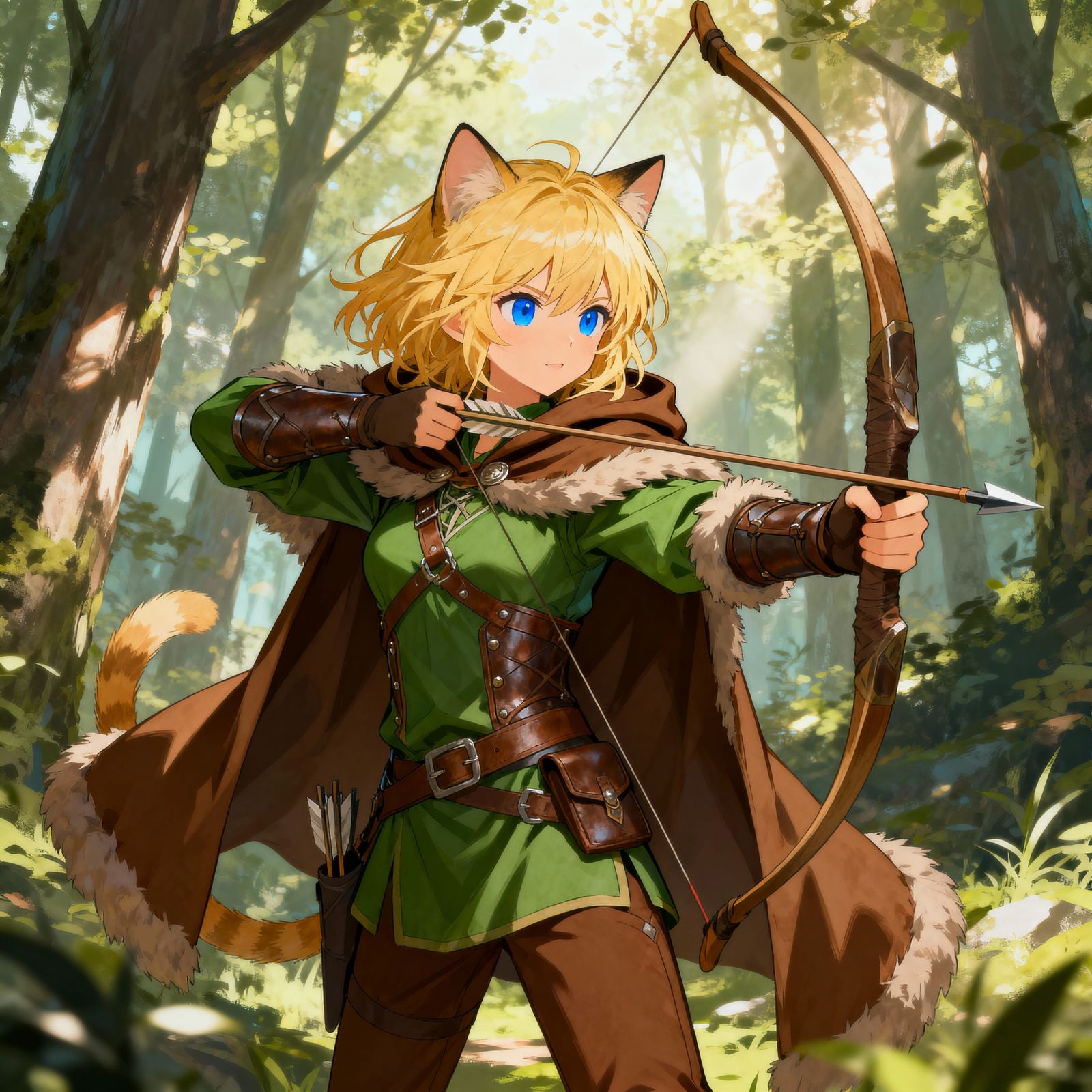 Anime Cat-Girl Archer in Forest