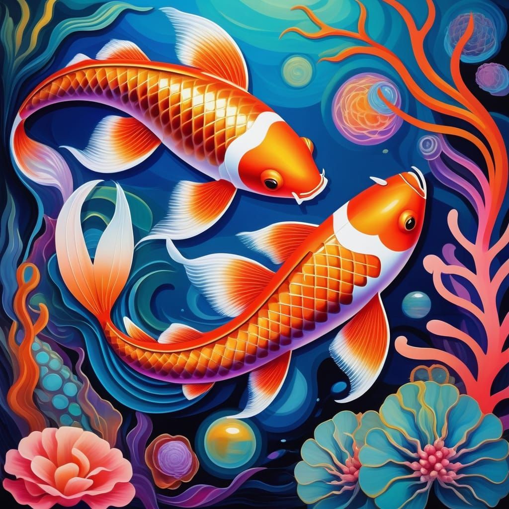 Majestic Koi in Bioluminescent Coral Reef