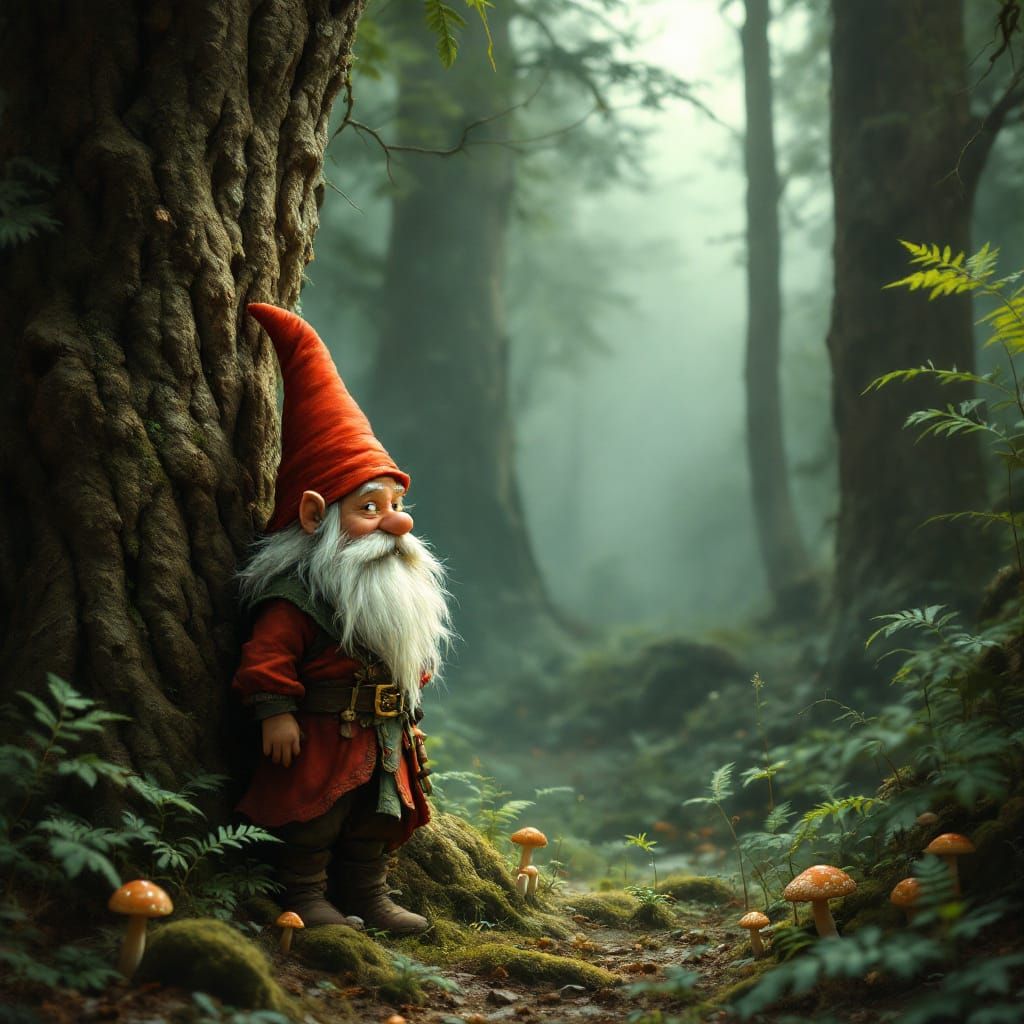 Gnome in Black Forest, Earthy Fantasy Style