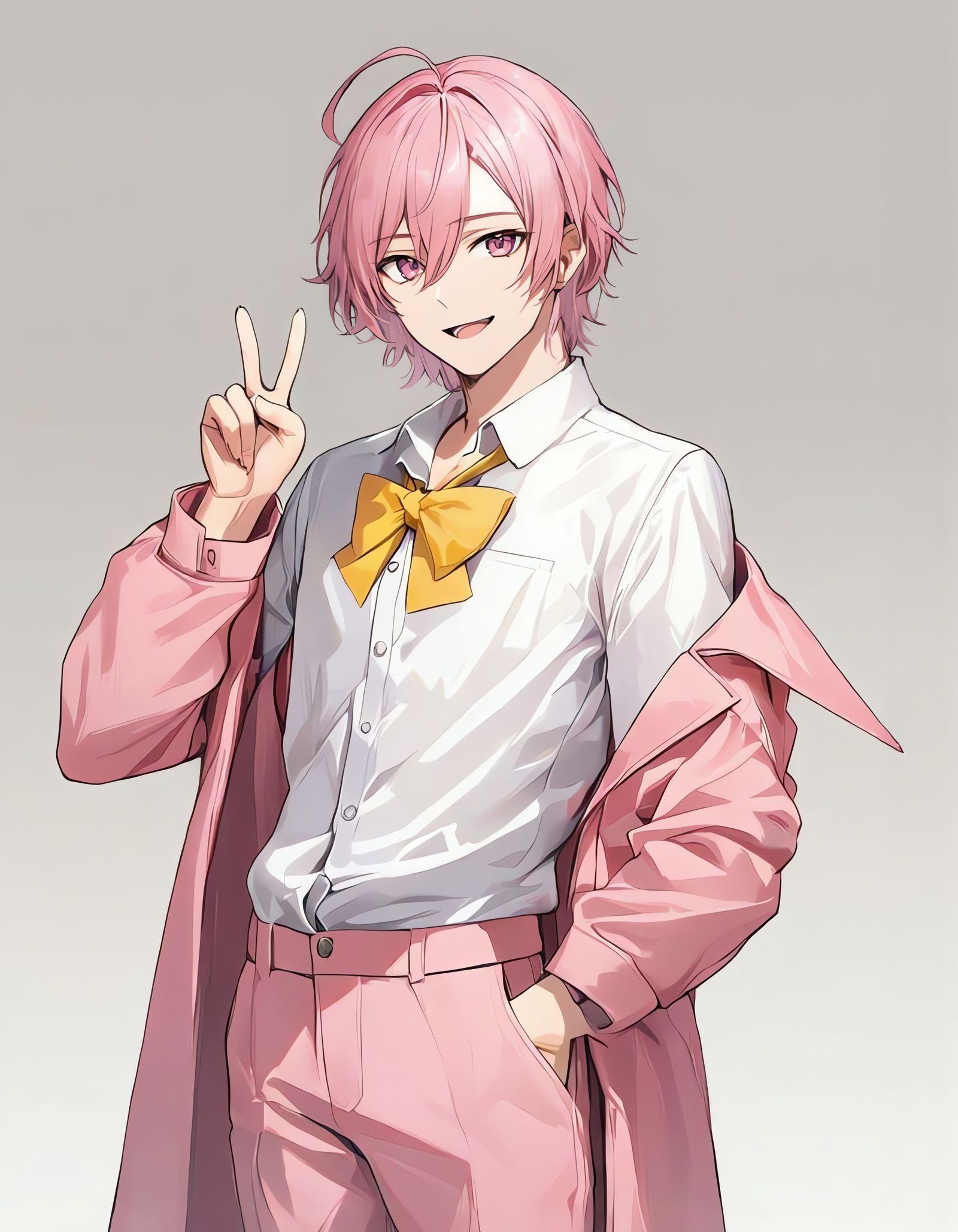Smiling Pink-Haired Man in Pink Trench Coat