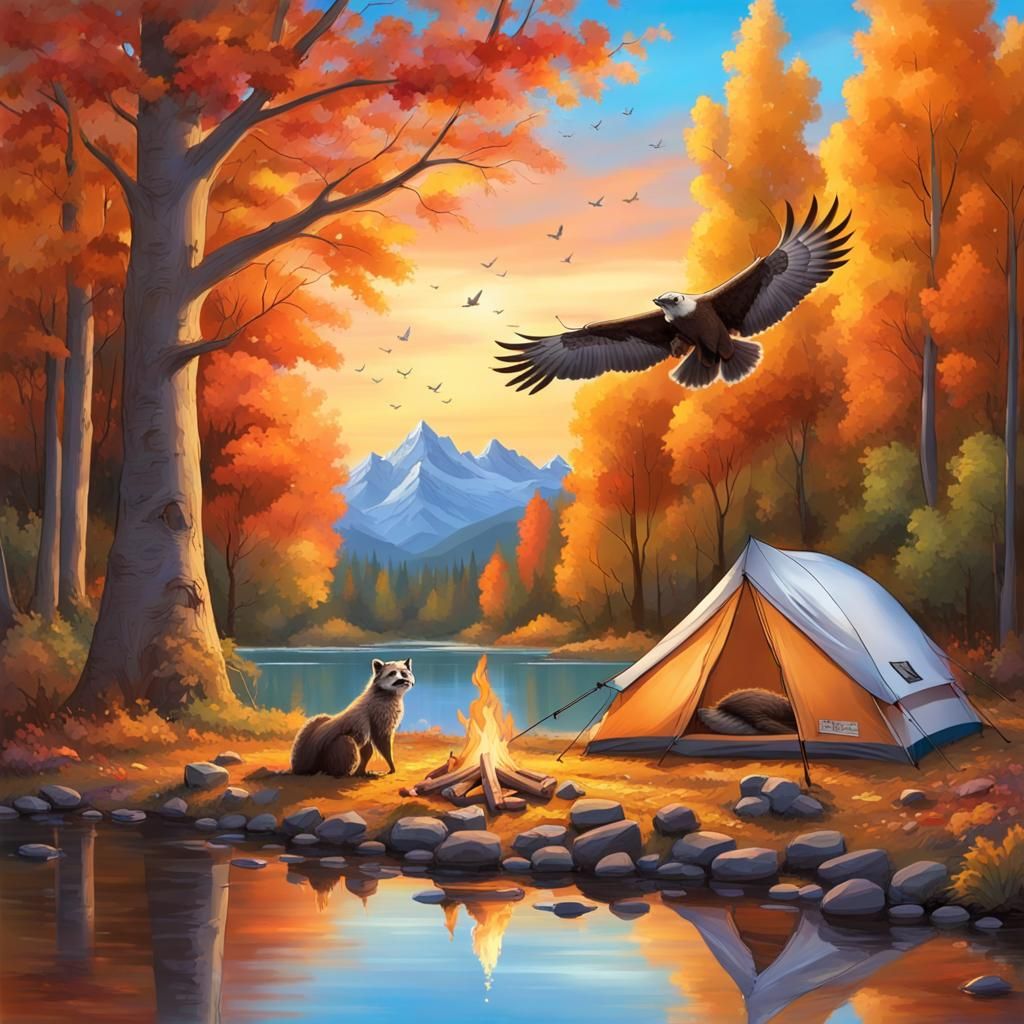 Autumn Campsite at Sunset with Raccoon