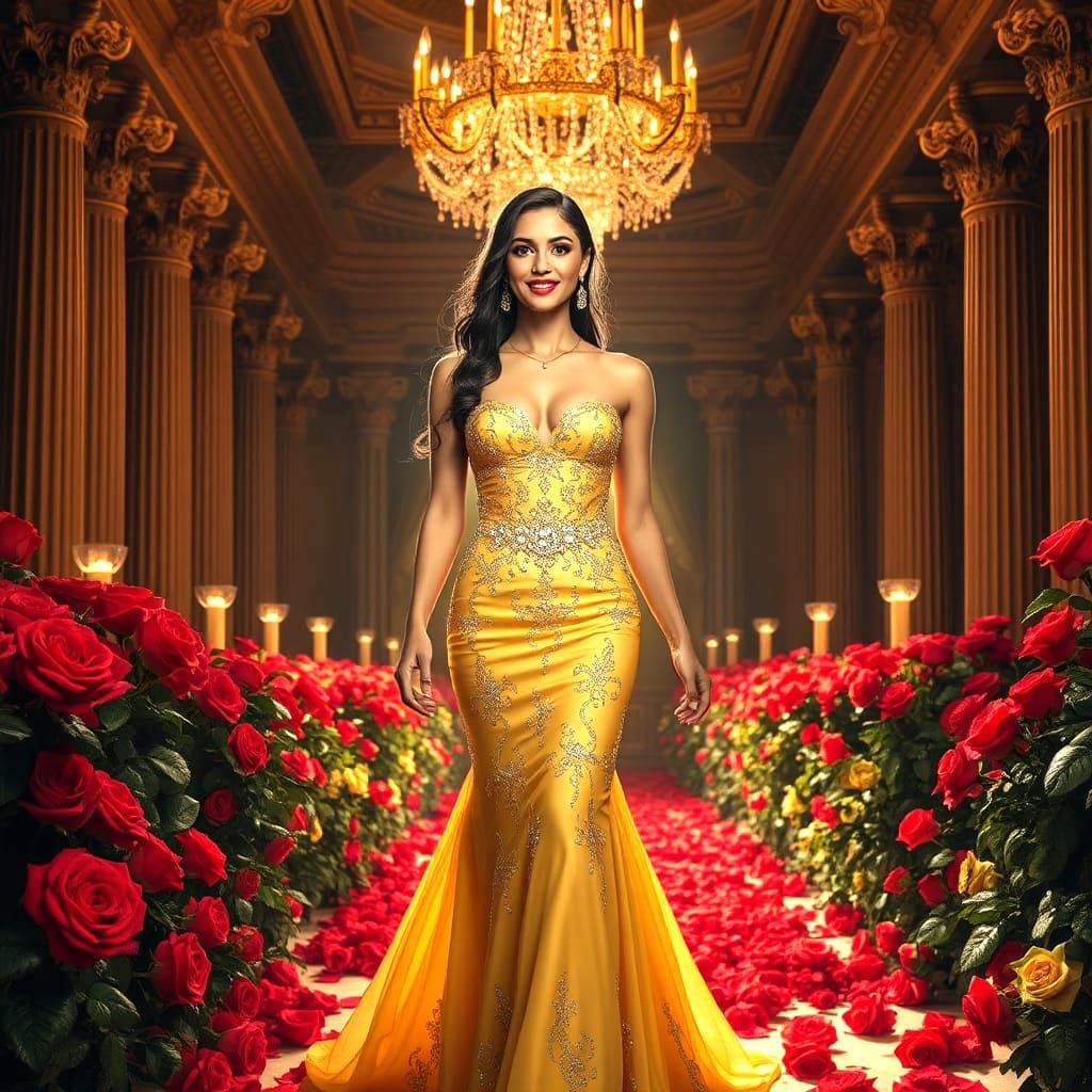 Stunning Woman in Golden Dress, Detailed Matte Painting