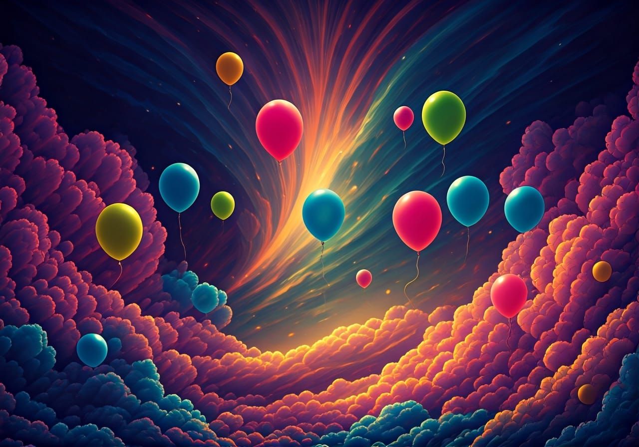 Dreamlike Balloons in Surreal Psychedelic Landscape