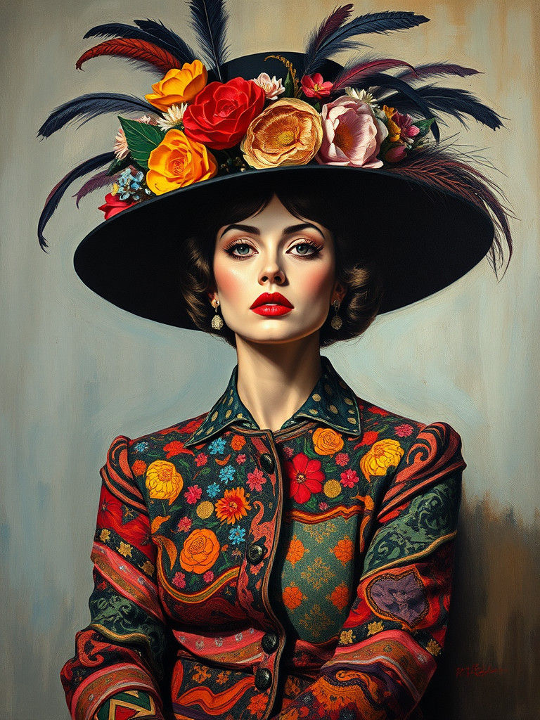 1960s Woman in Oversized Hat, as Expressionist Oil Painting