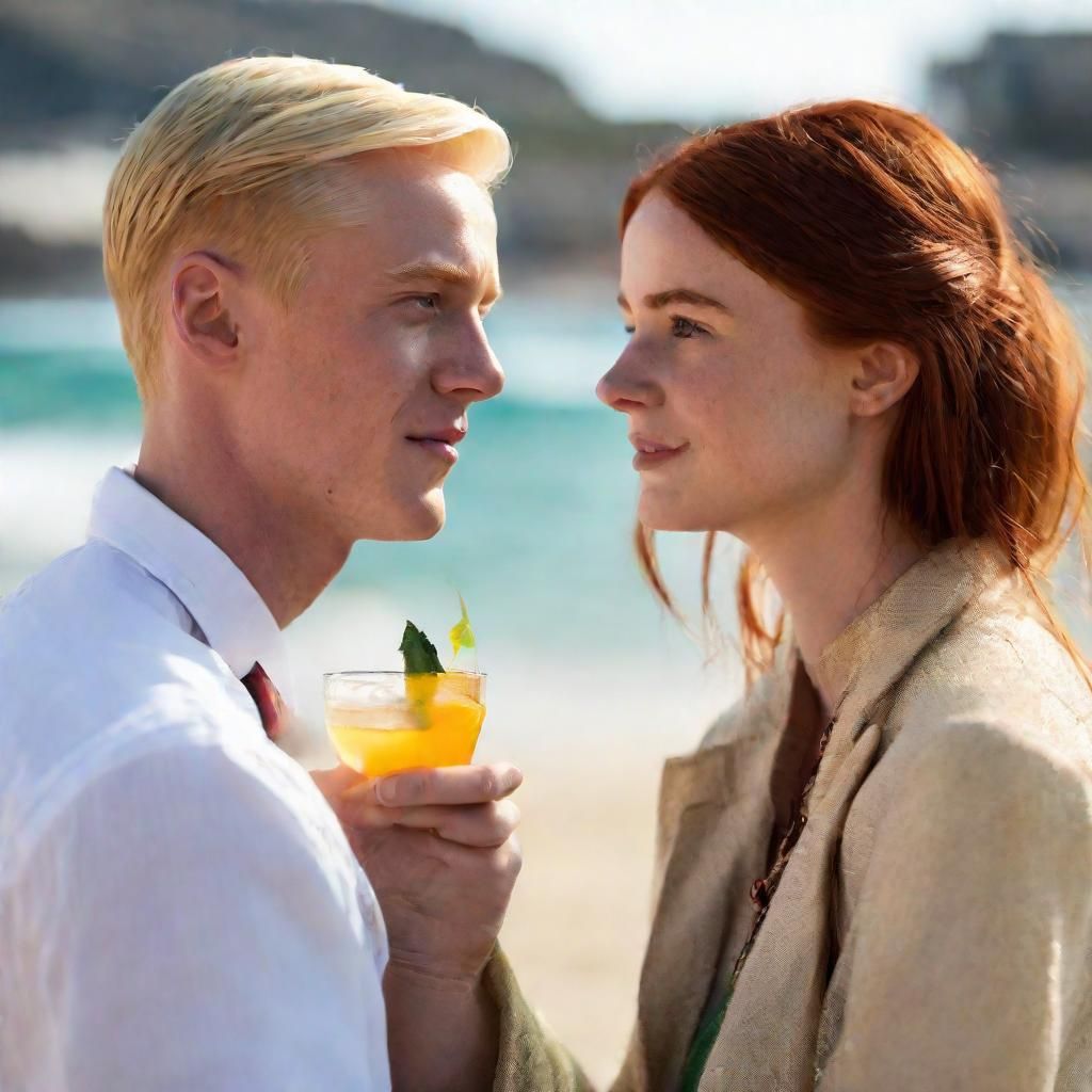 Draco Malfoy and Ginny Weasley on the beach with cocktails