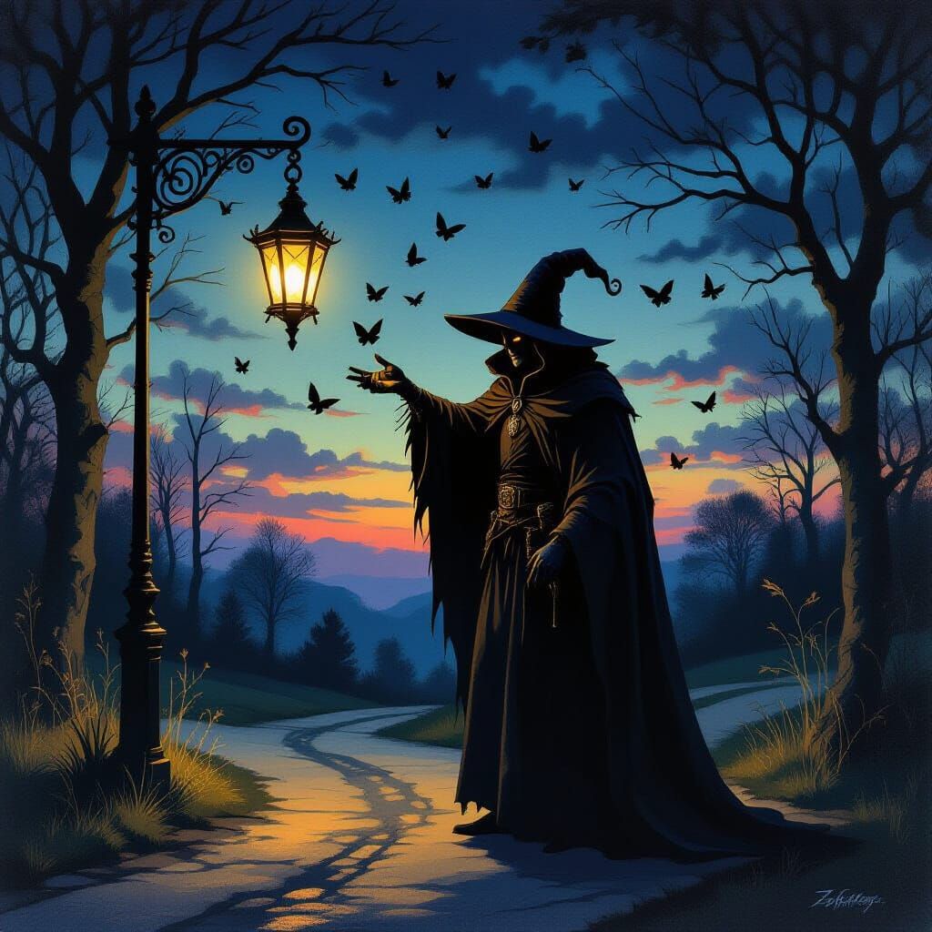 Enigmatic Trickster at Crossroads in Twilight