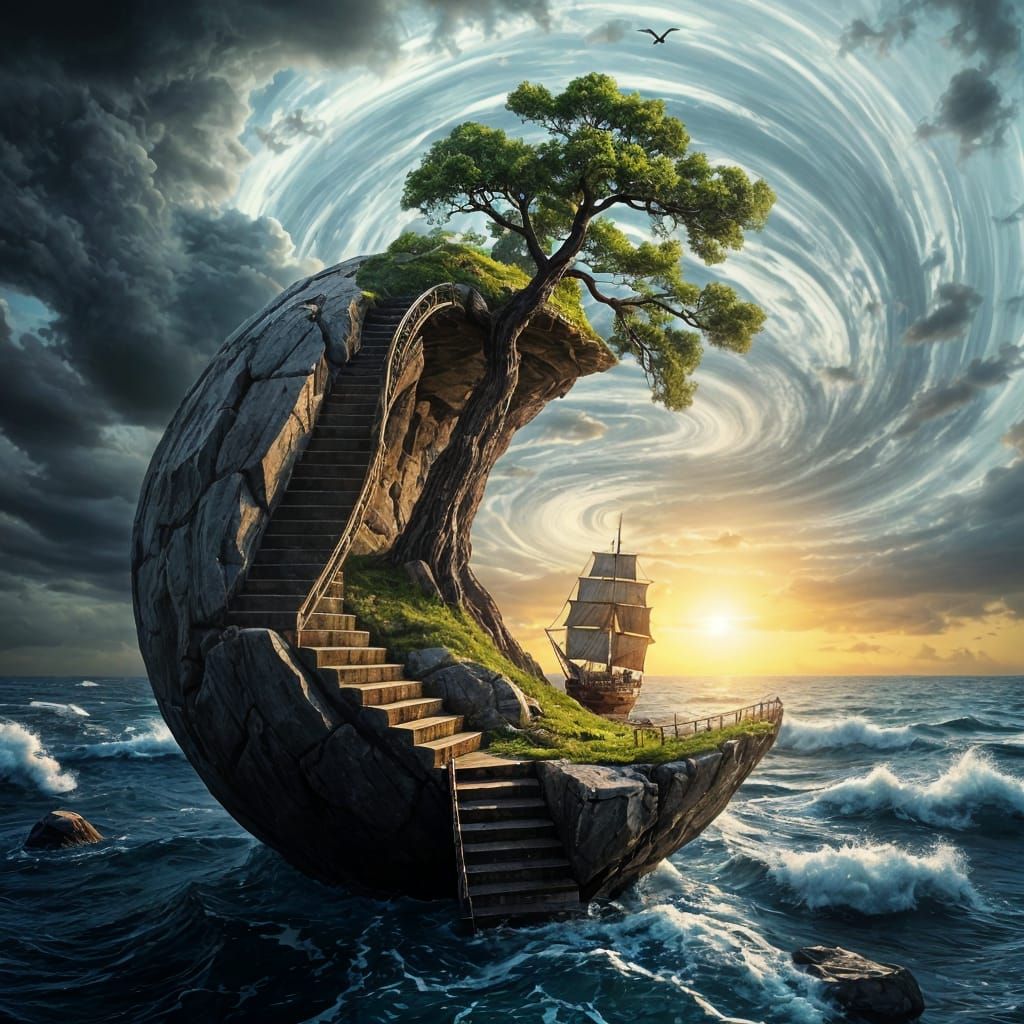 Surreal Globe with Staircase and Stormy Sea