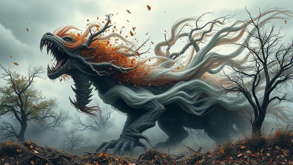 Autumn Storm Entity in a Vortex of Leaves and Debris