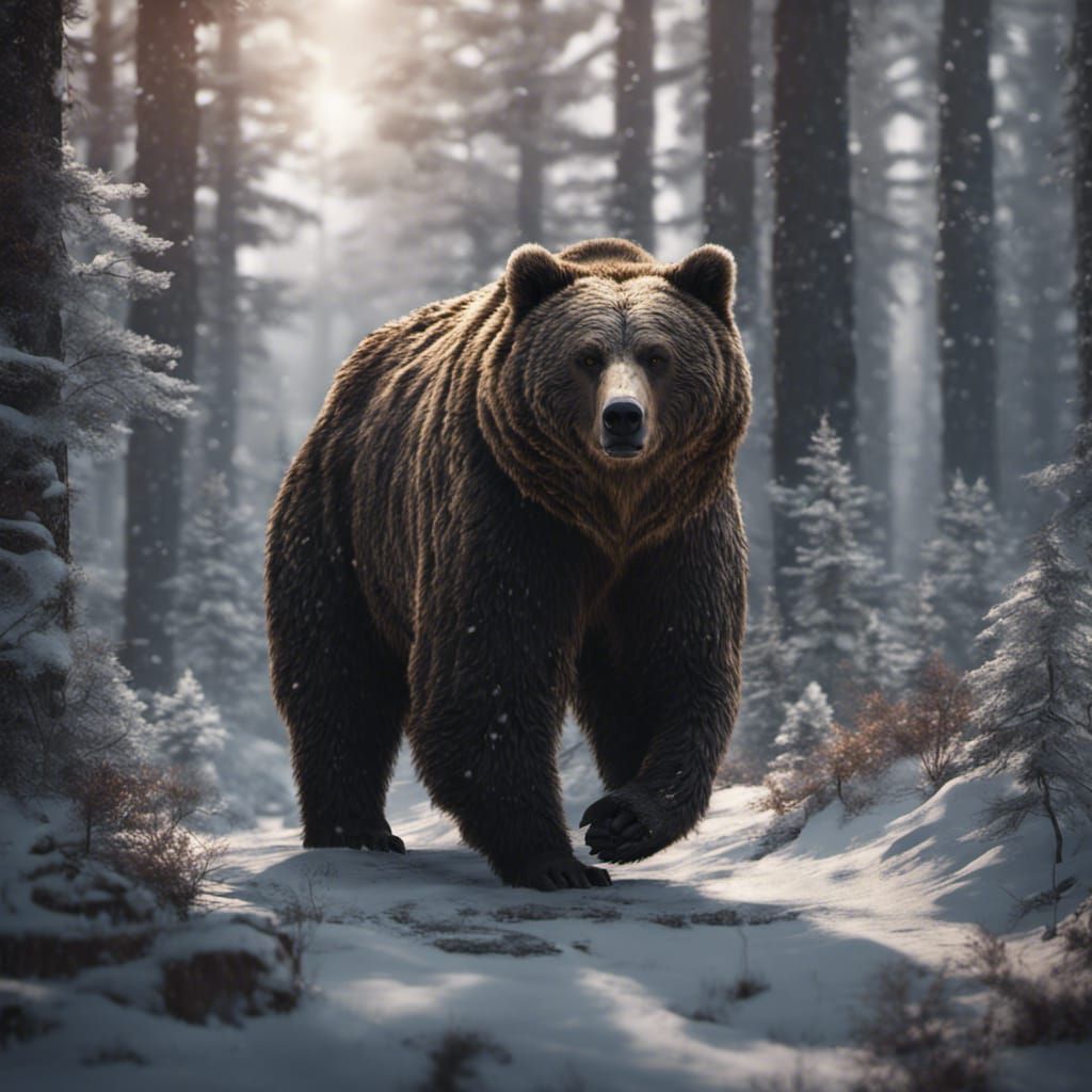 Grizzly Bear Walks Through Winter Forest