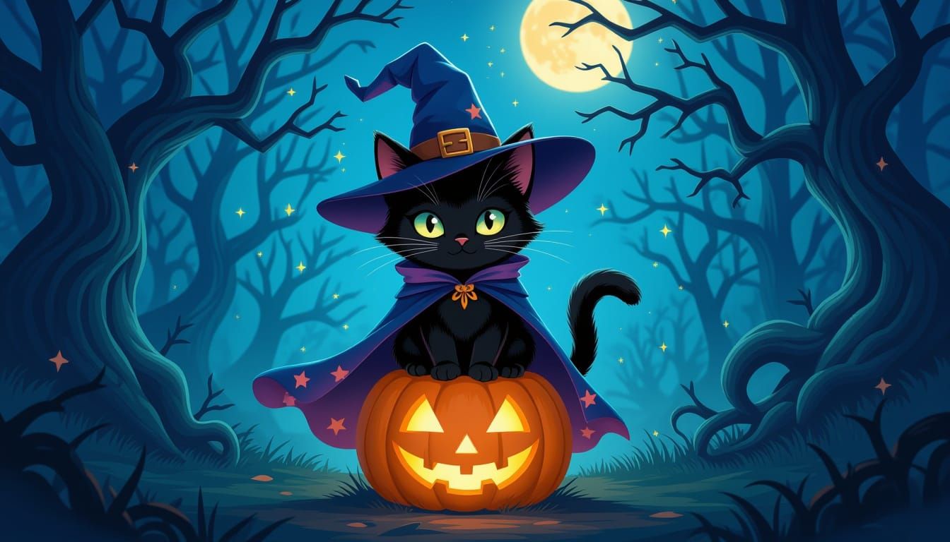 Mischievous Witch Cat on Glowing Pumpkin