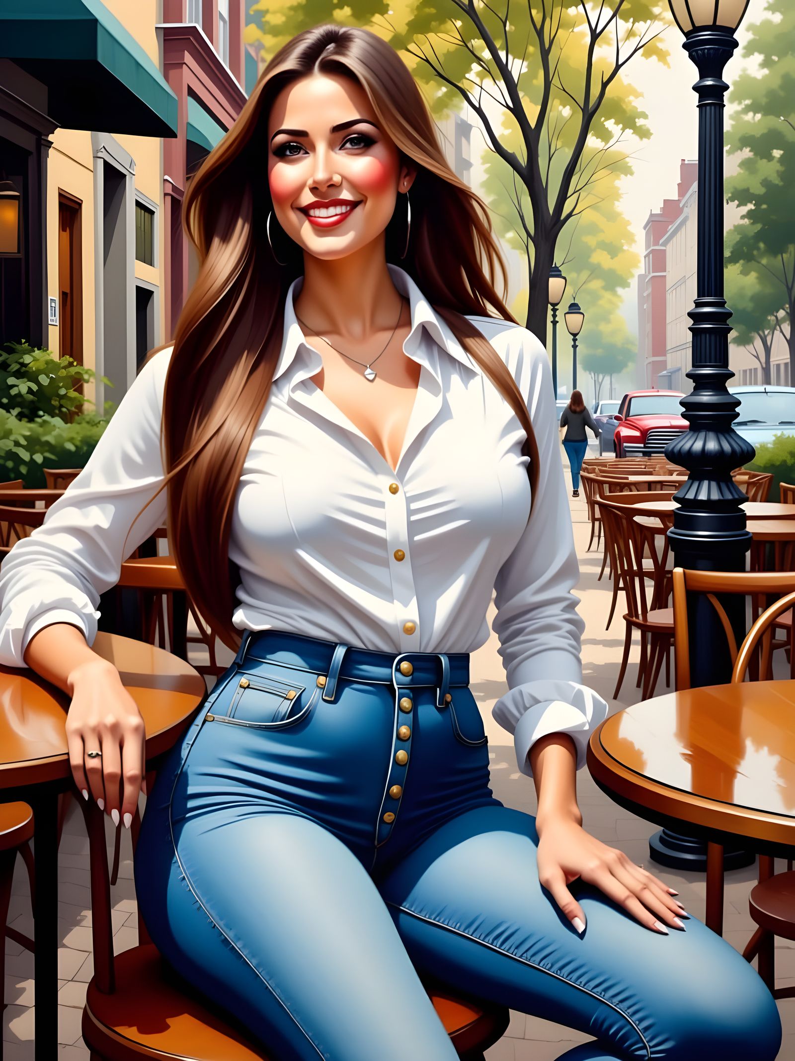 Enticing Woman in Street Cafe, Detailed Oil Painting