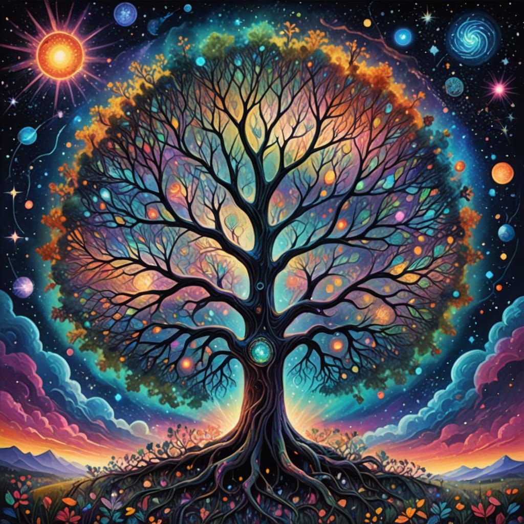 Surreal Cosmic Tree Radiates Vibrant Magic in Dreamlike Styl...