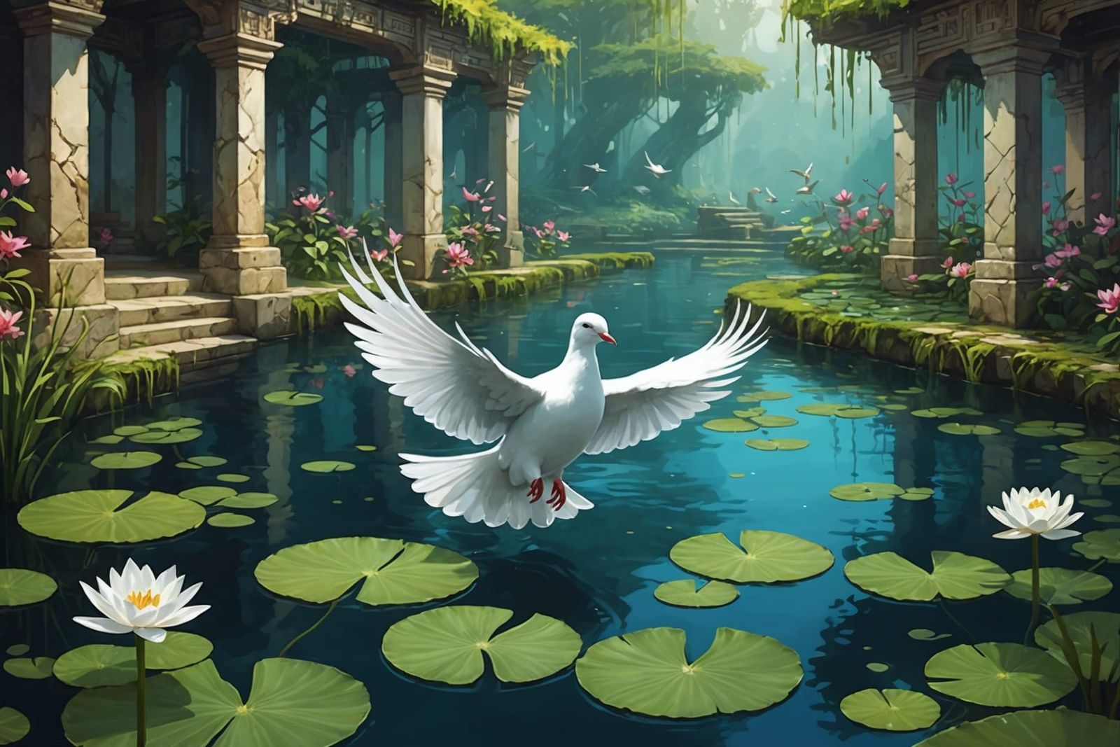 Ink Dove in Forgotten Garden, Fantasy Illustration