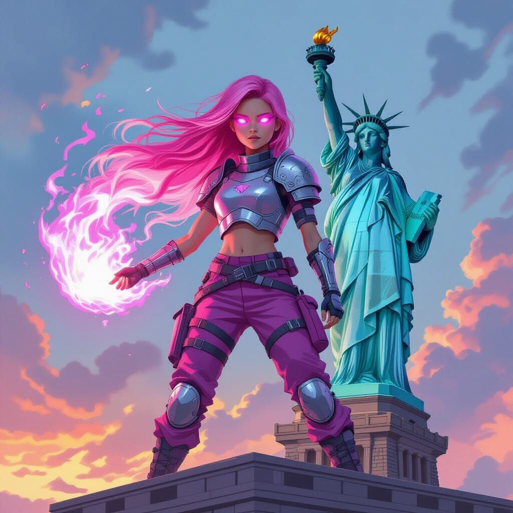 Pink-Haired Heroine Controls Fire on Liberty Island
