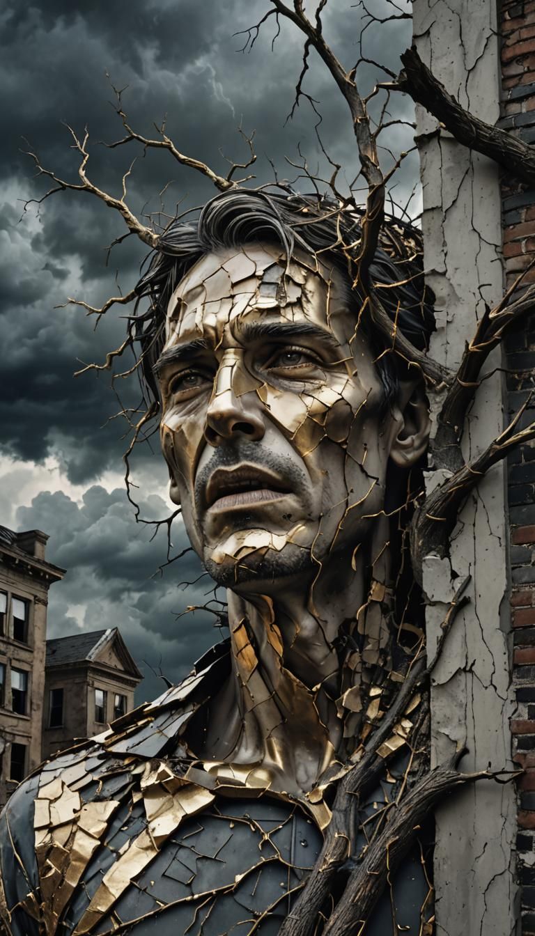 Surreal Face Emerges from Crumbling Building