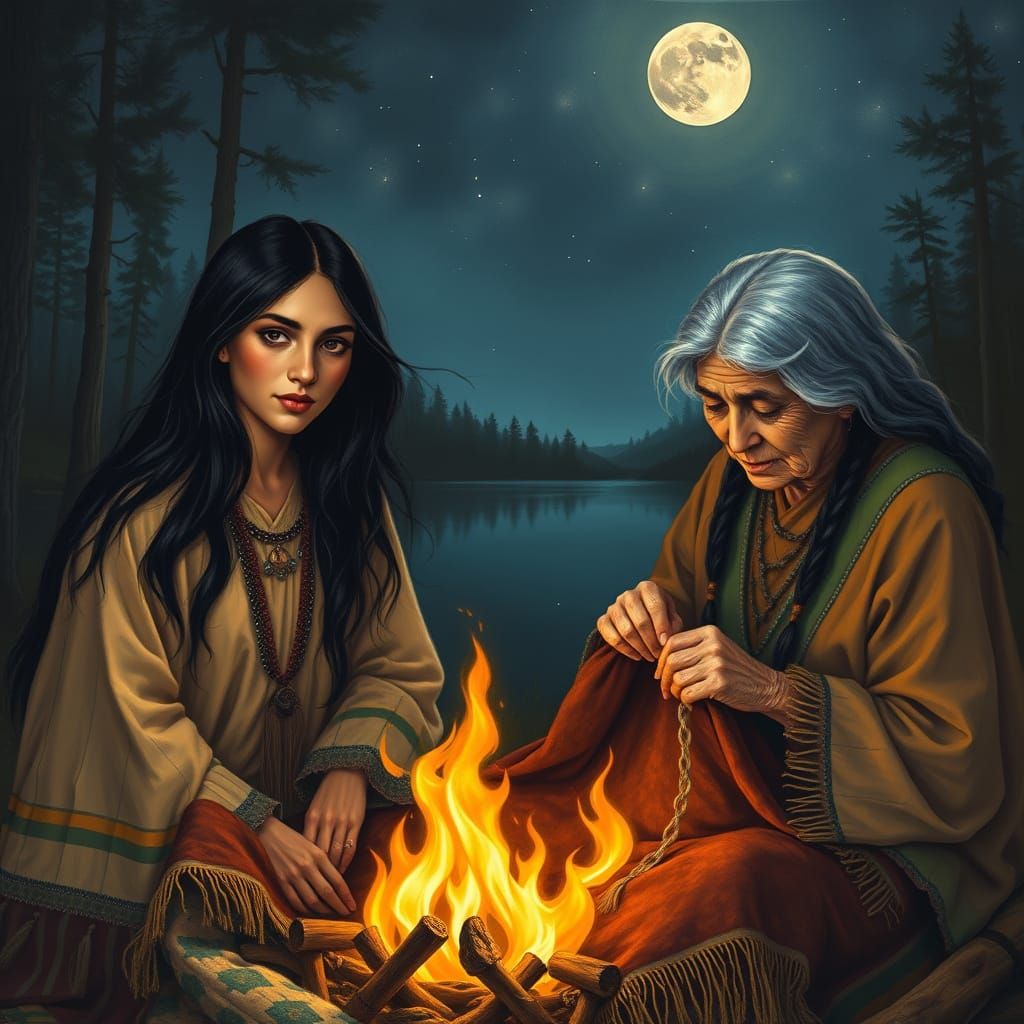 Native American Women by Lake at Night