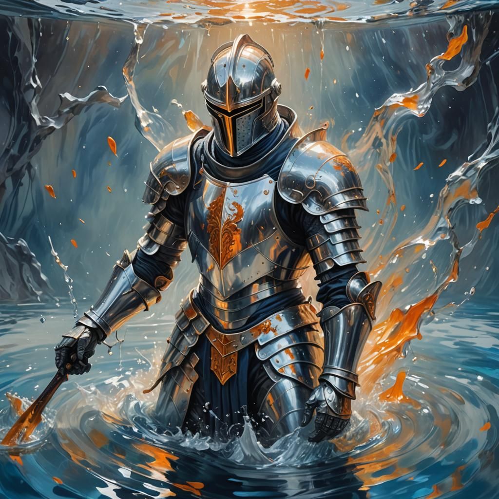 Silver Knight Sinking into Mercury, Oil Painting