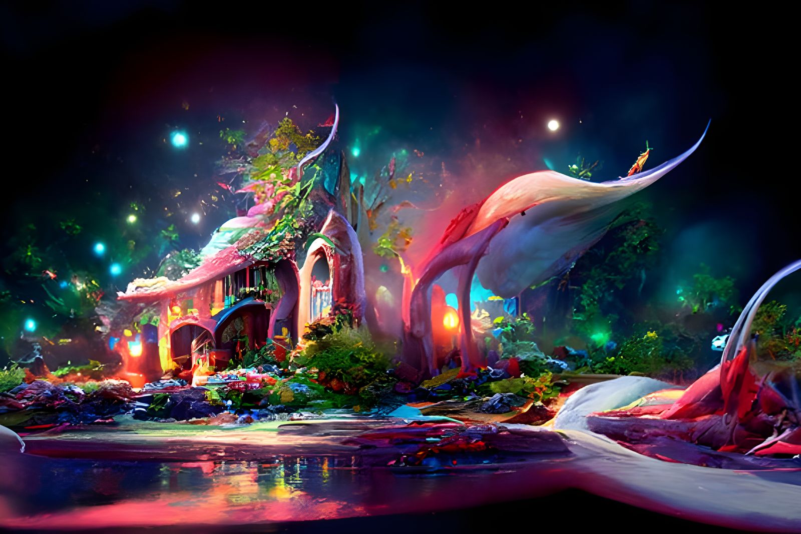 Magic Night Bungalow in Neon Fantasy Style