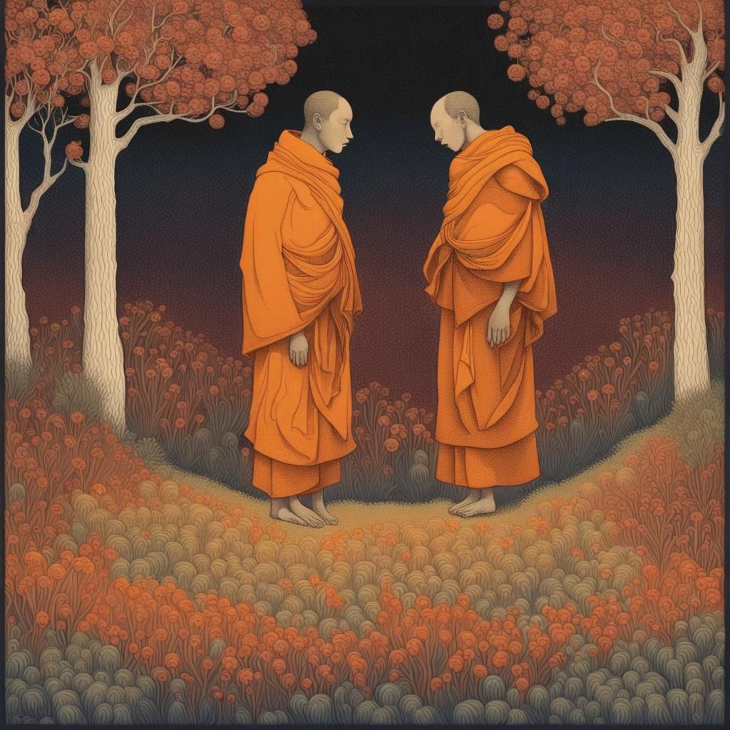 Stippled Monks at Night in Vibrant Colors