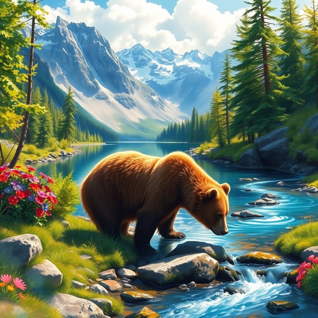 Majestic Mountains in Vibrant Watercolor Landscape