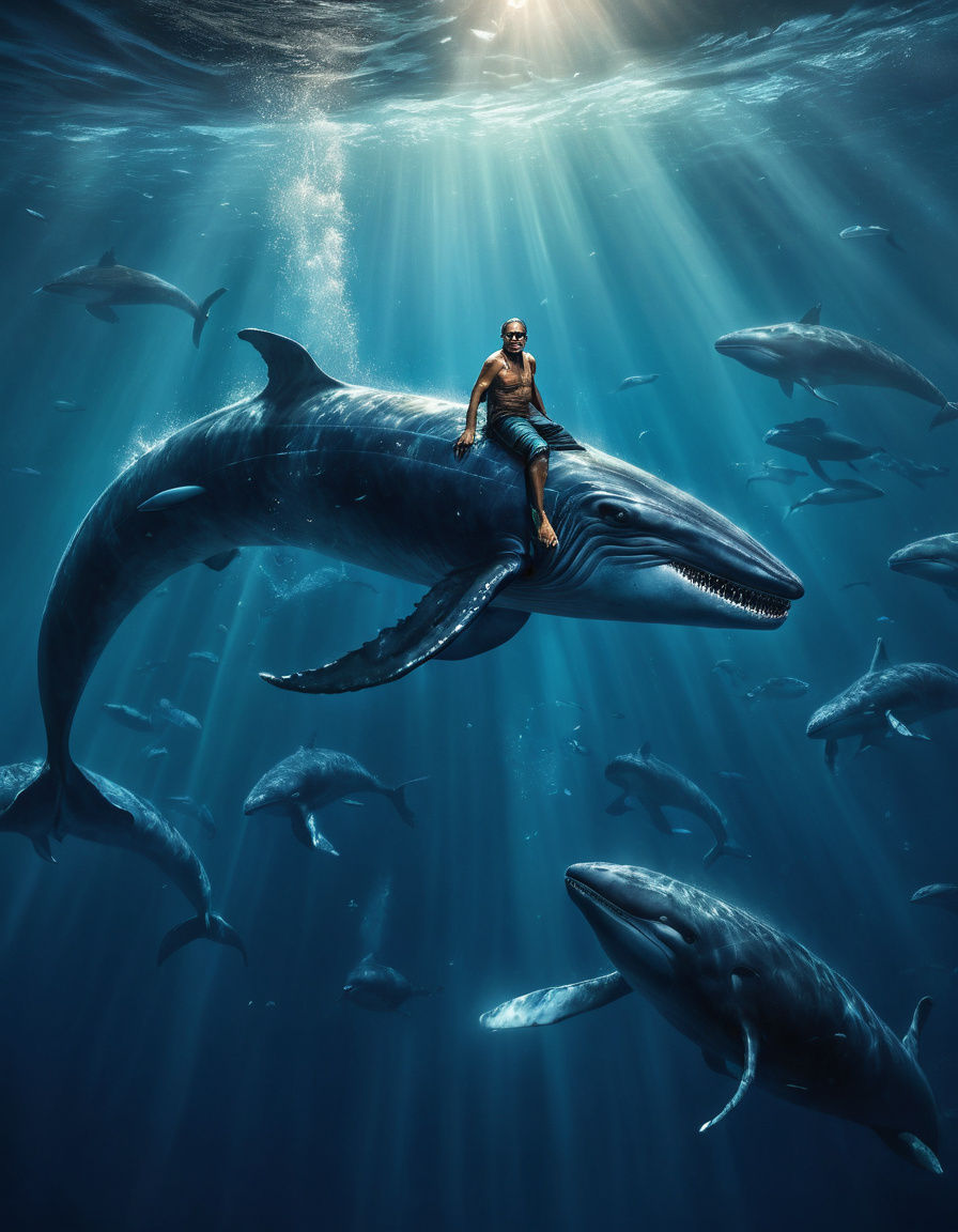 Merman Amidst Whales in Sunlit Ocean in Realistic Rendering