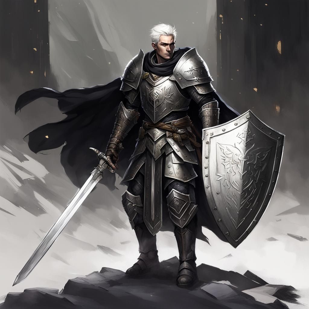 Aasimar Paladin of Shadows with Sword and Shield