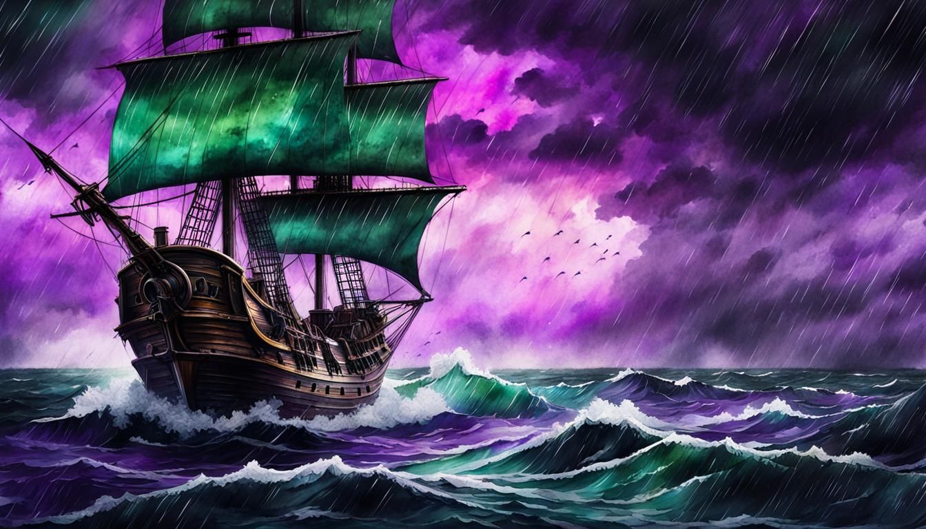 Haunted Pirate Ship on Stormy Sea: Watercolour