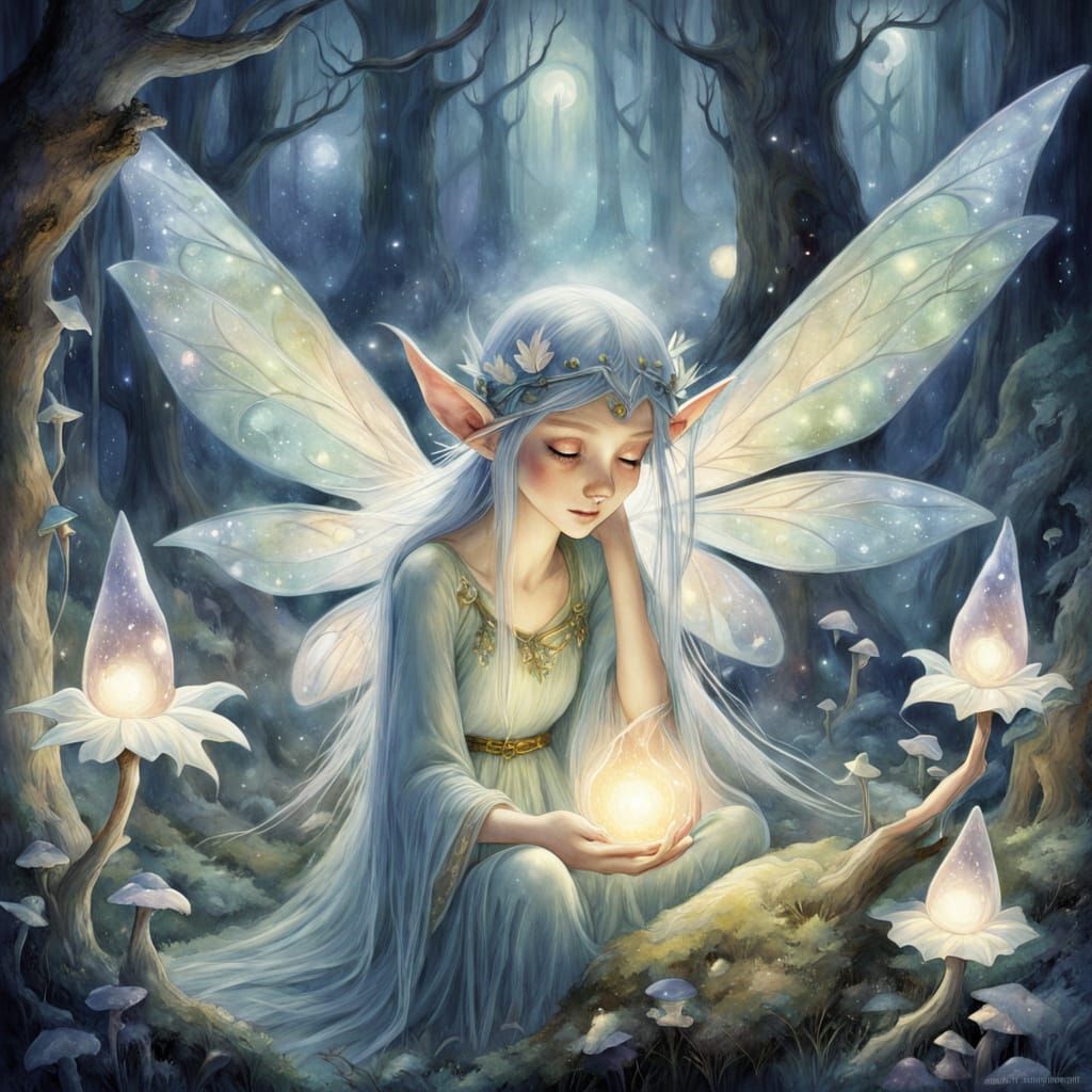 Elf Collecting Moonlight in Forest, Watercolor Style