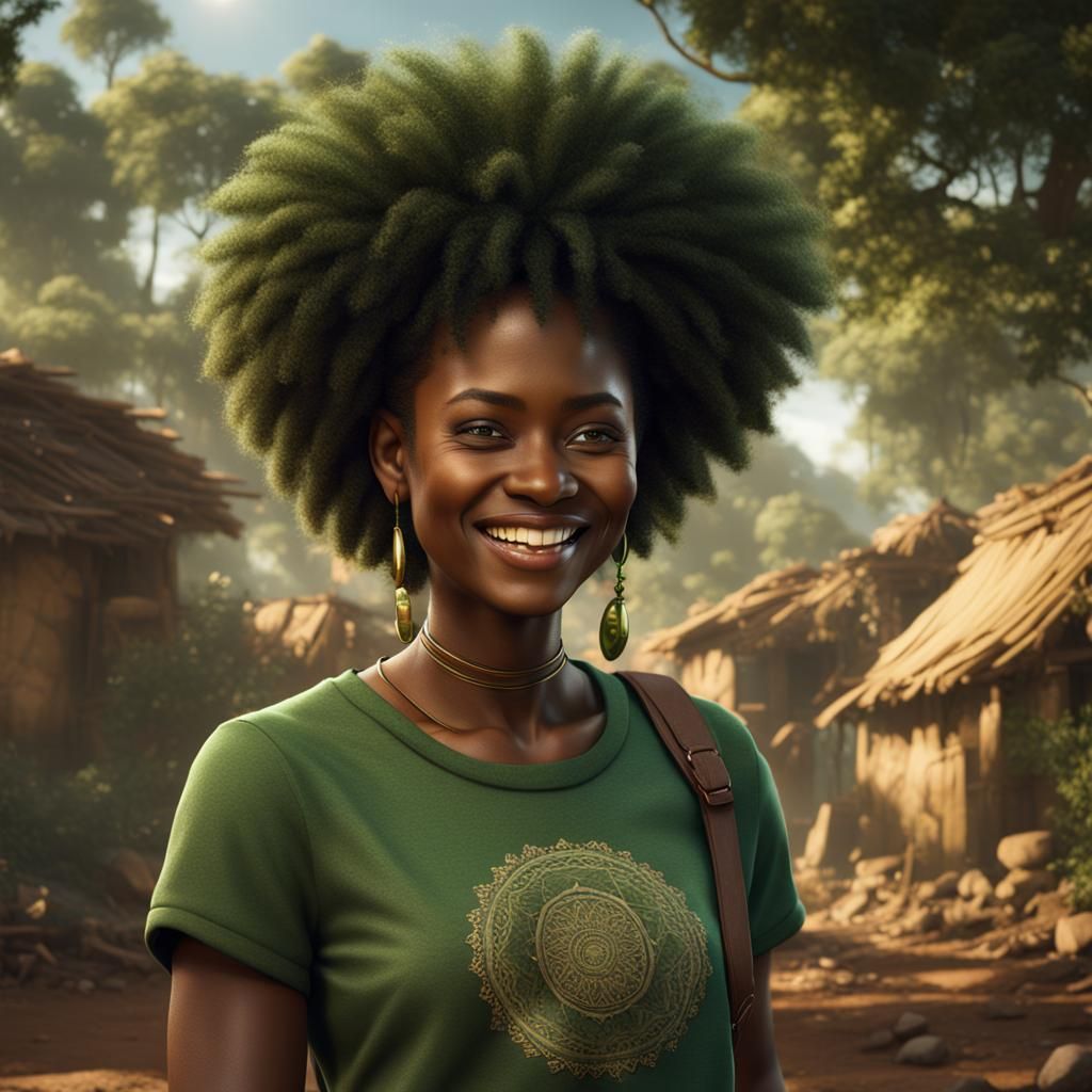 Smiling African Woman with Natural Hair in Detailed Painting