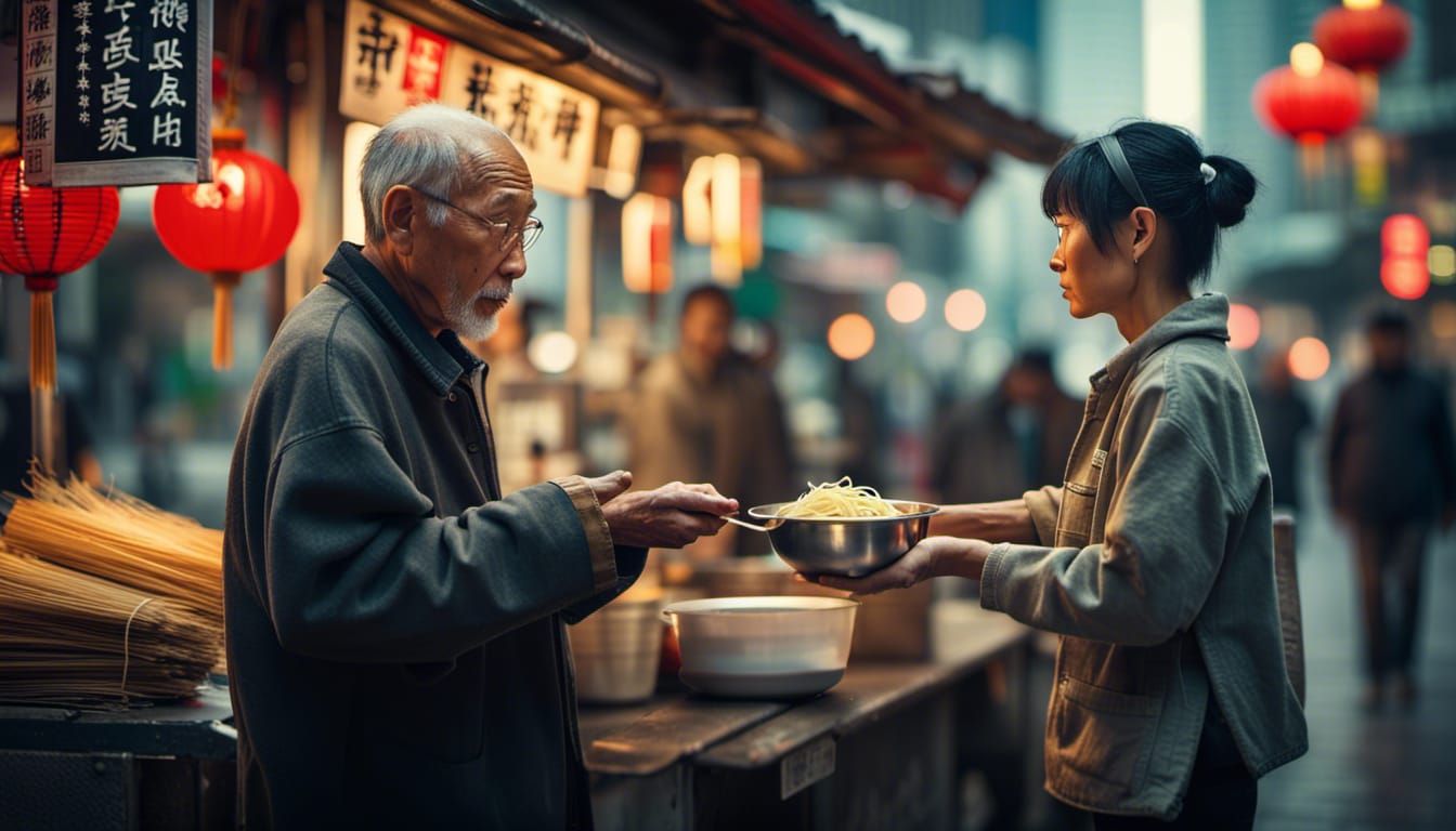Cyberpunk Street Scene: Woman and Noodles