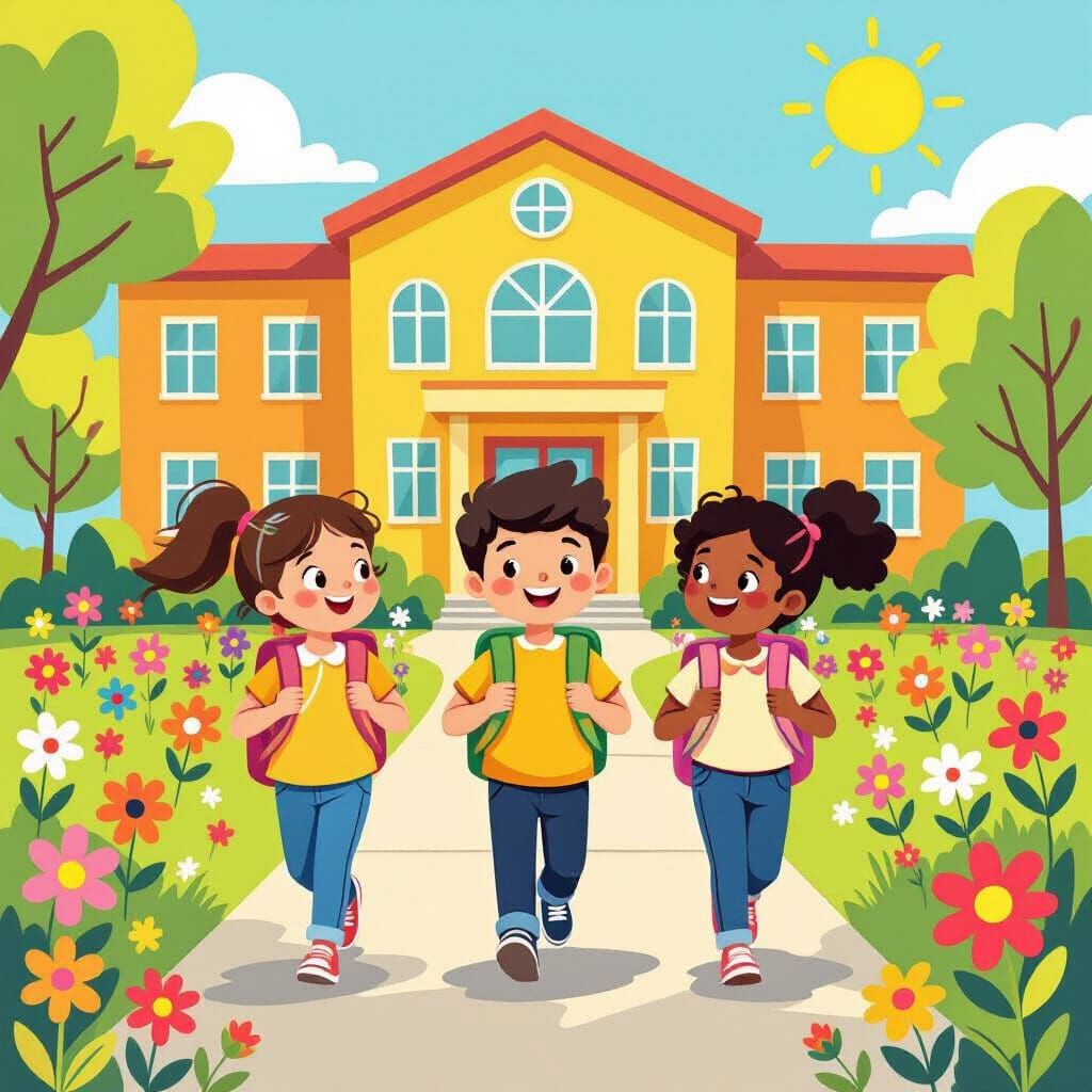 Children Walking to School in Cartoon Style