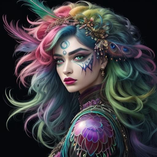 Rainbow Woman Portrait with Peacock Feathers in 8K