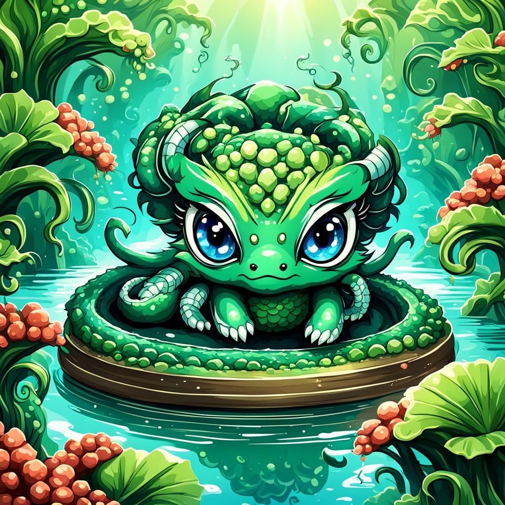 Adorable Cuddly Chibi Hydra Fantasy Art