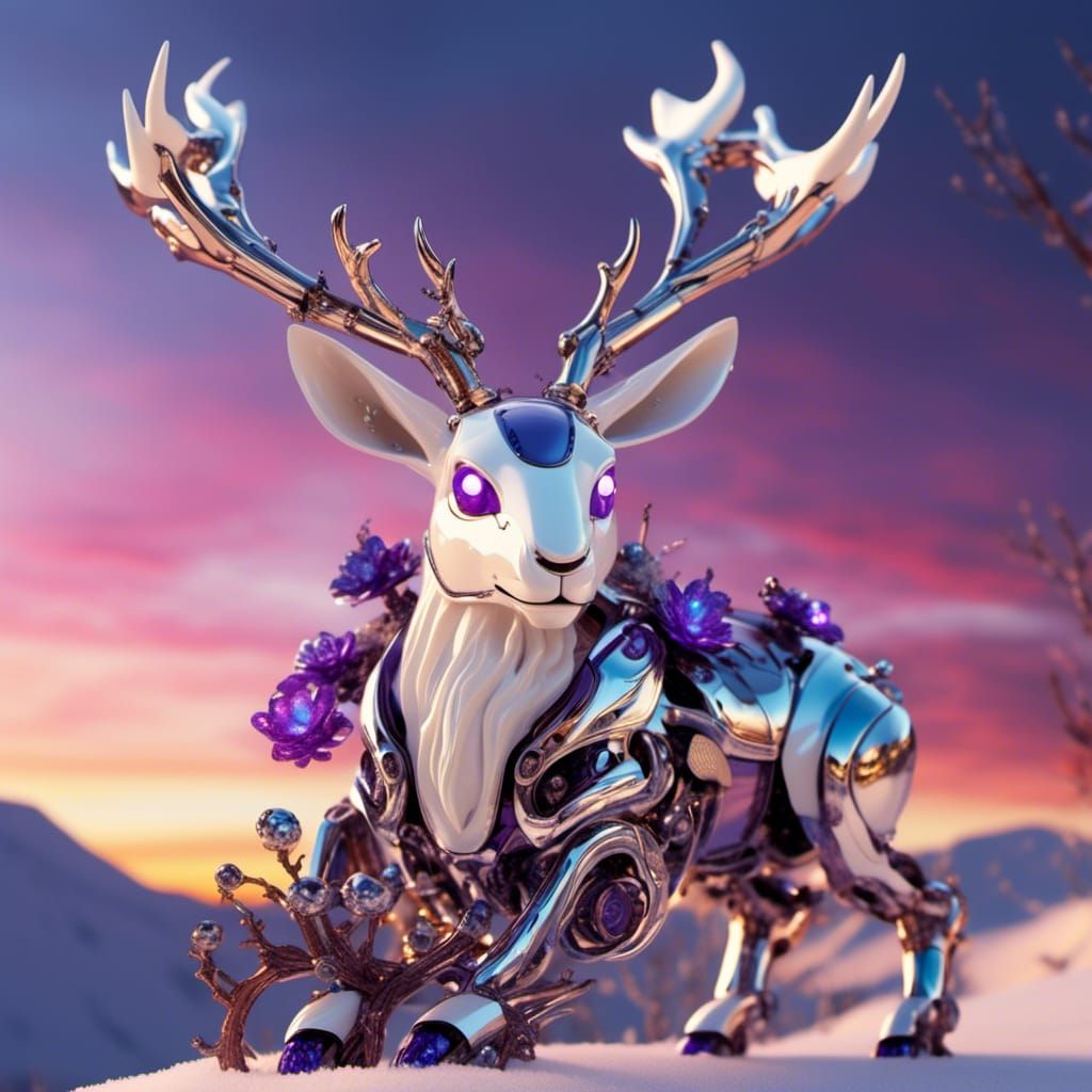 Chrome Jackalope Robot in Snowy Sunset