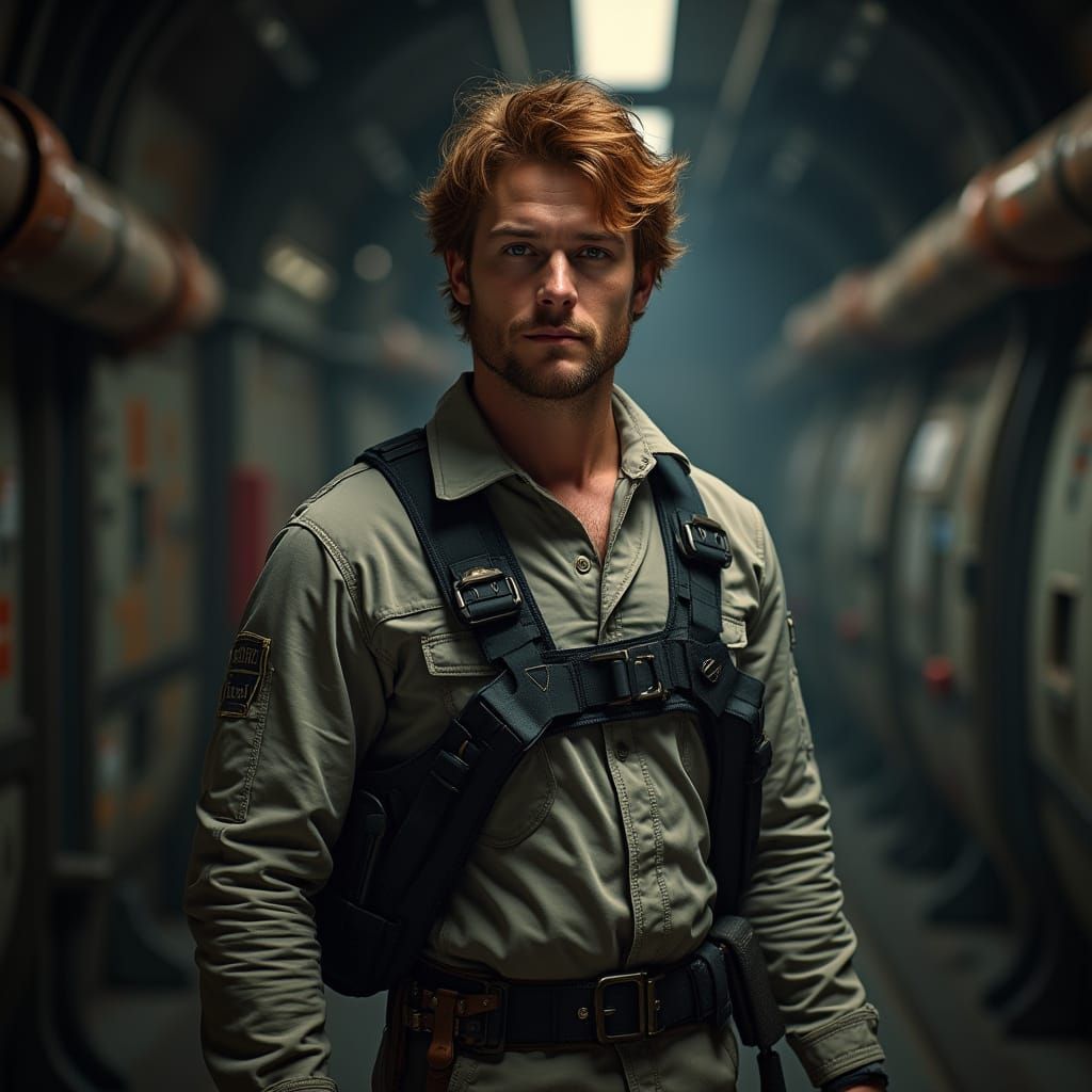 Gritty Space Smuggler Captain in Weathered Industrial Aesthe...