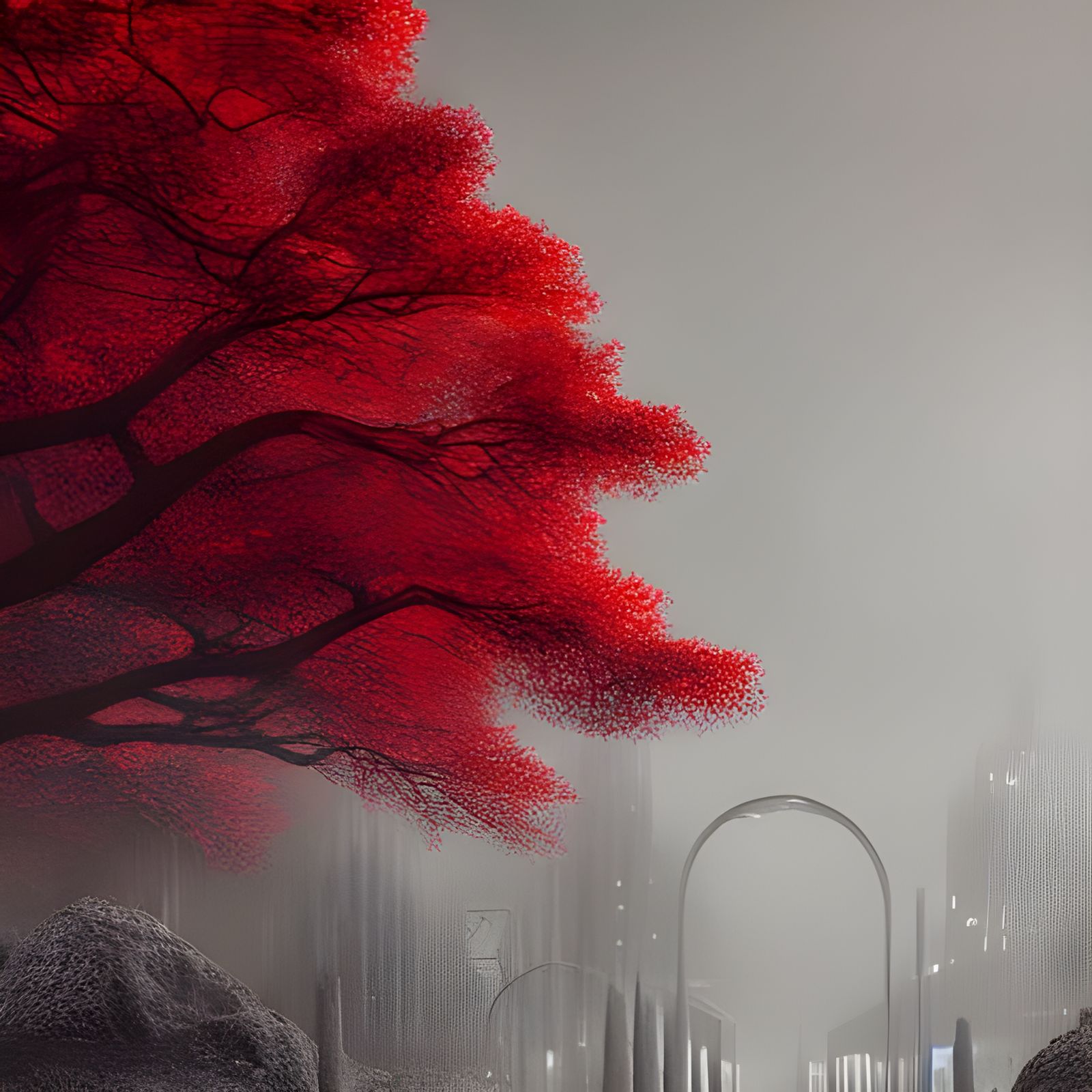 Glowing Red Trees in Destroyed City: Digital Matte Painting