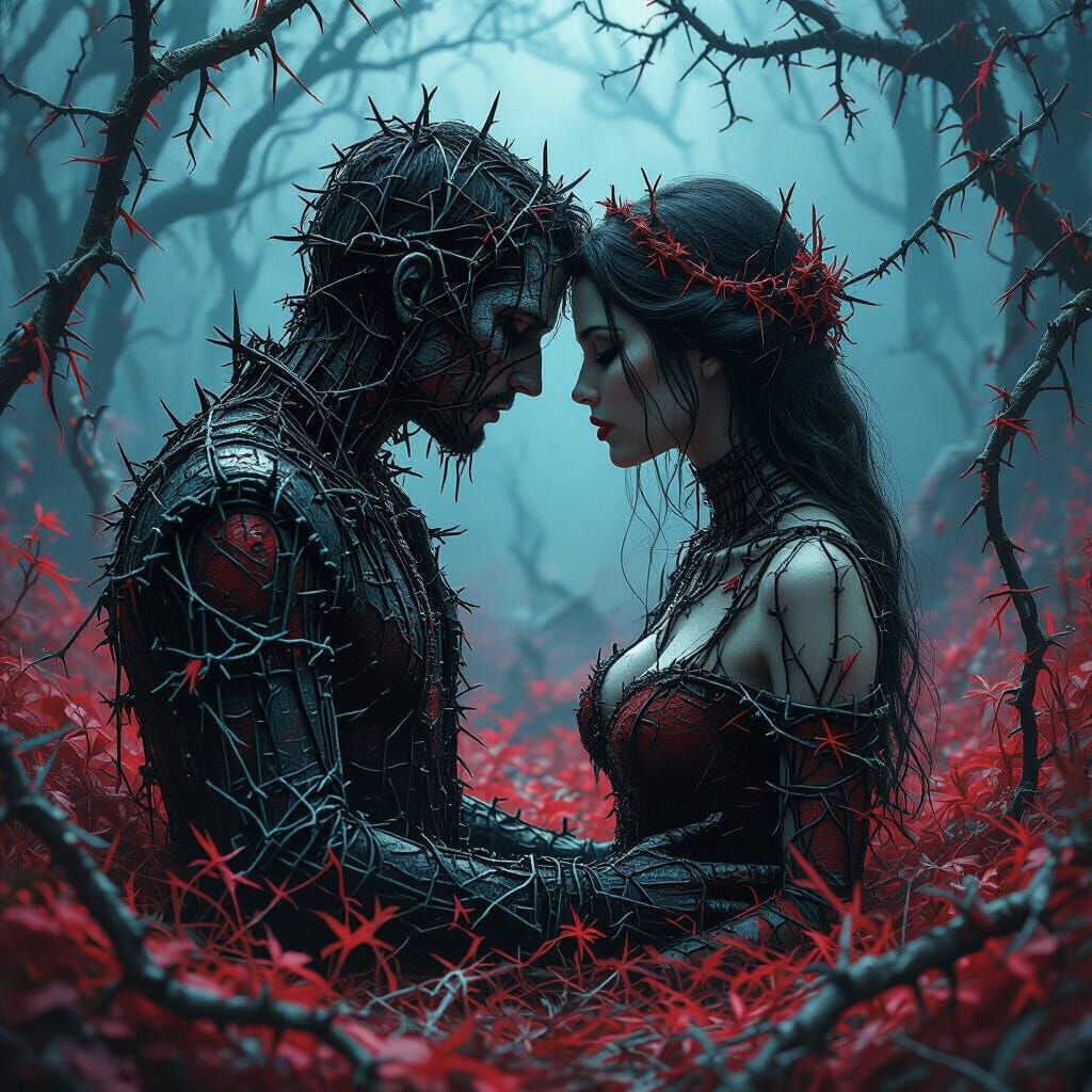 Entwined Couple in Barbed Wire Maze: Digital Art