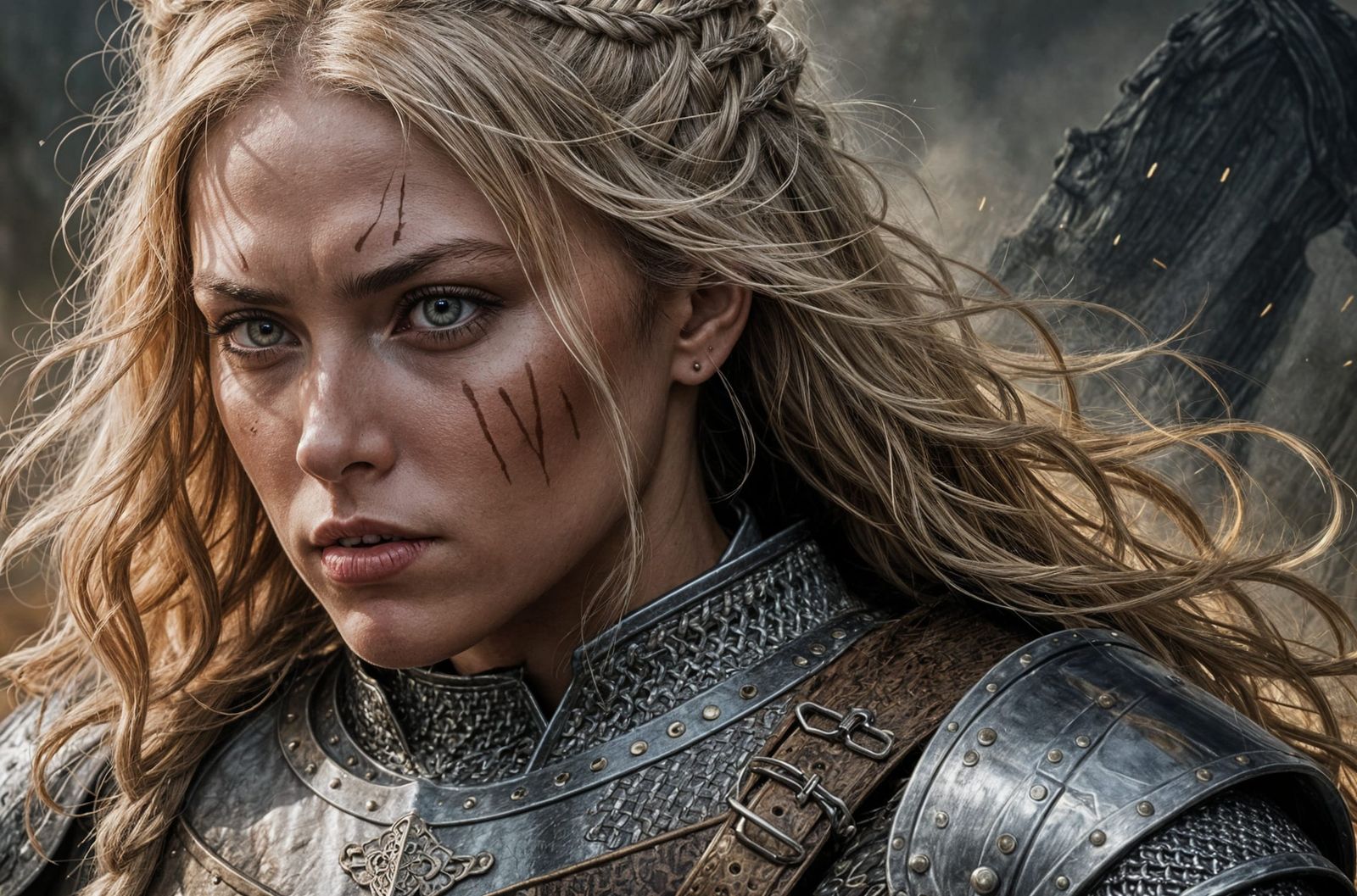 Female Warrior with Axe and Sword in Chainmail