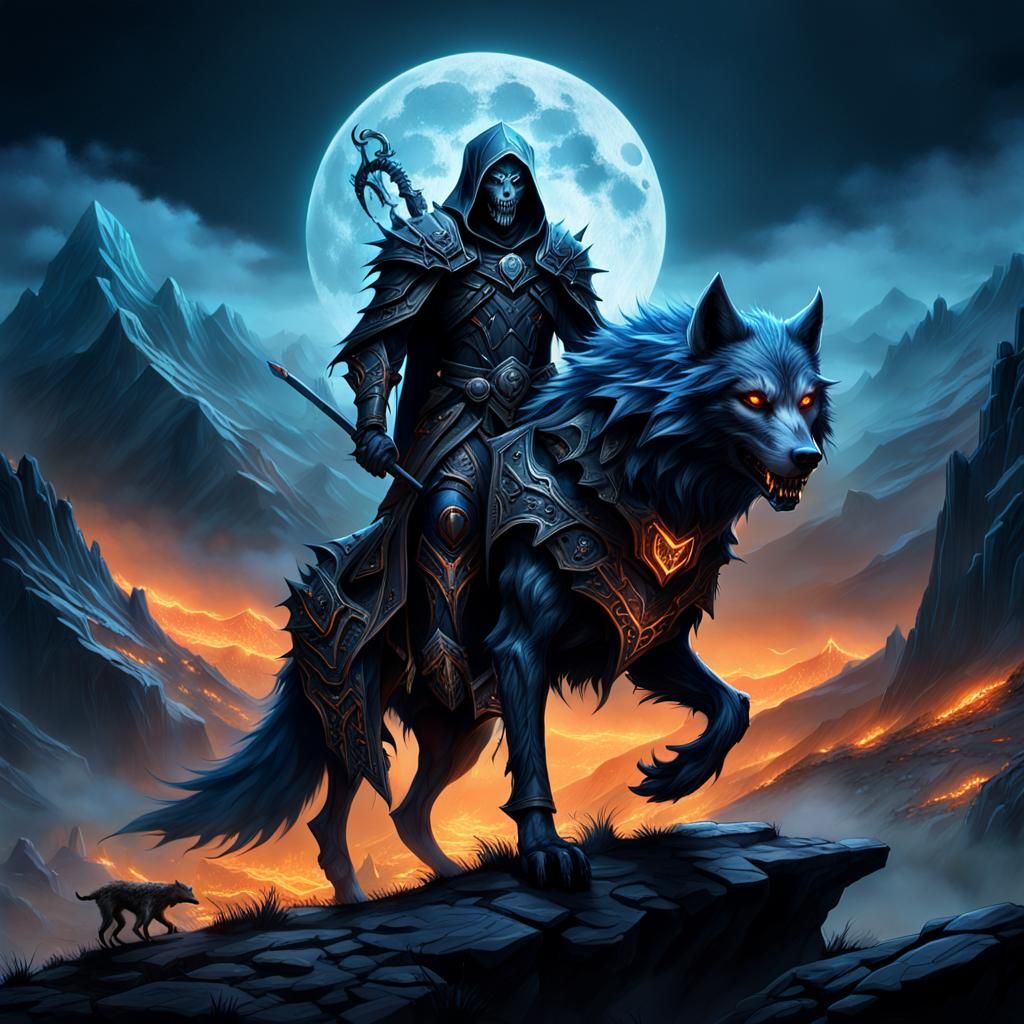 Reaper Knight on Wolf in Dark Fantasy Landscape