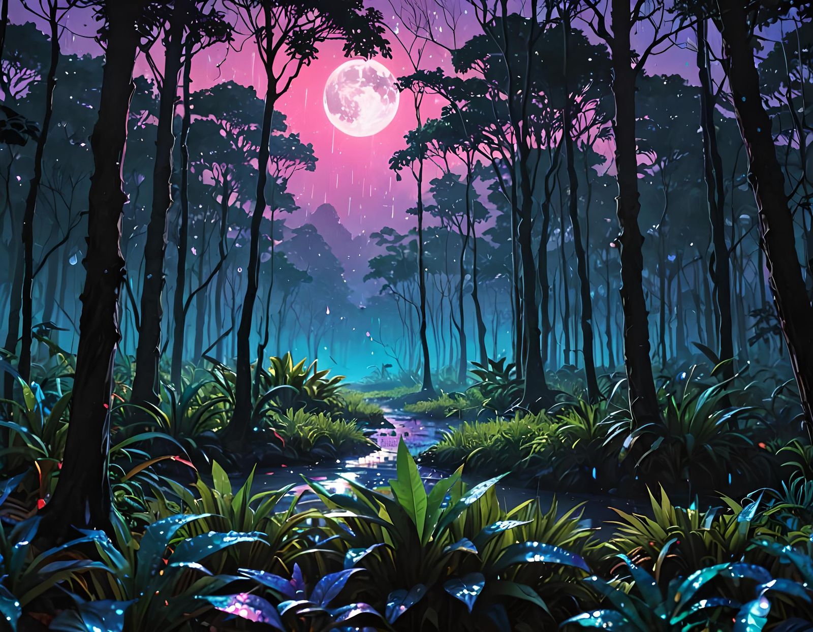 Lustrous Rainforest at Sunset in Vaporwave Style