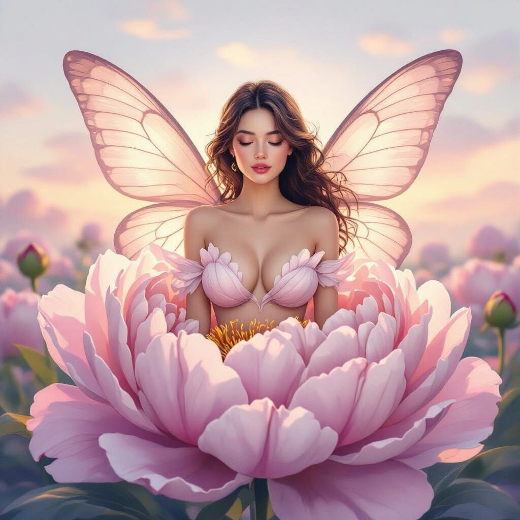 Butterfly Woman Emerges from Peony Flower: Surreal Watercolo...