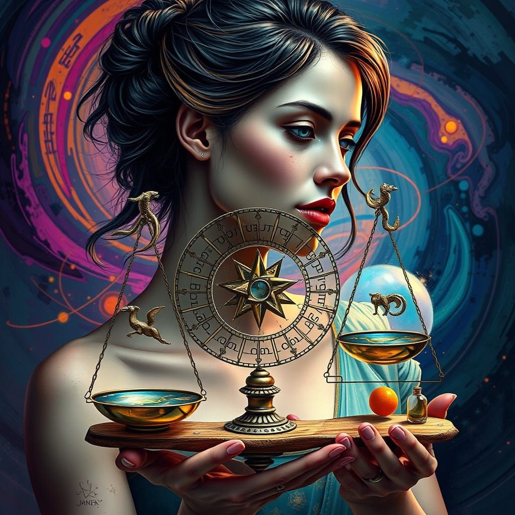 Woman with Zodiac Balance, Hyperrealistic Splash Art
