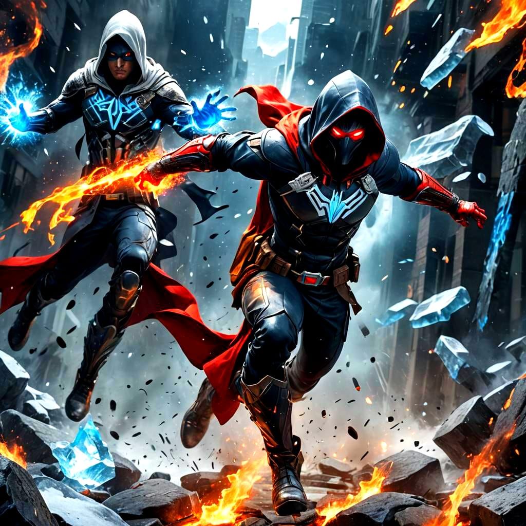 Fiery Icy Superhero in Detailed Matte Painting