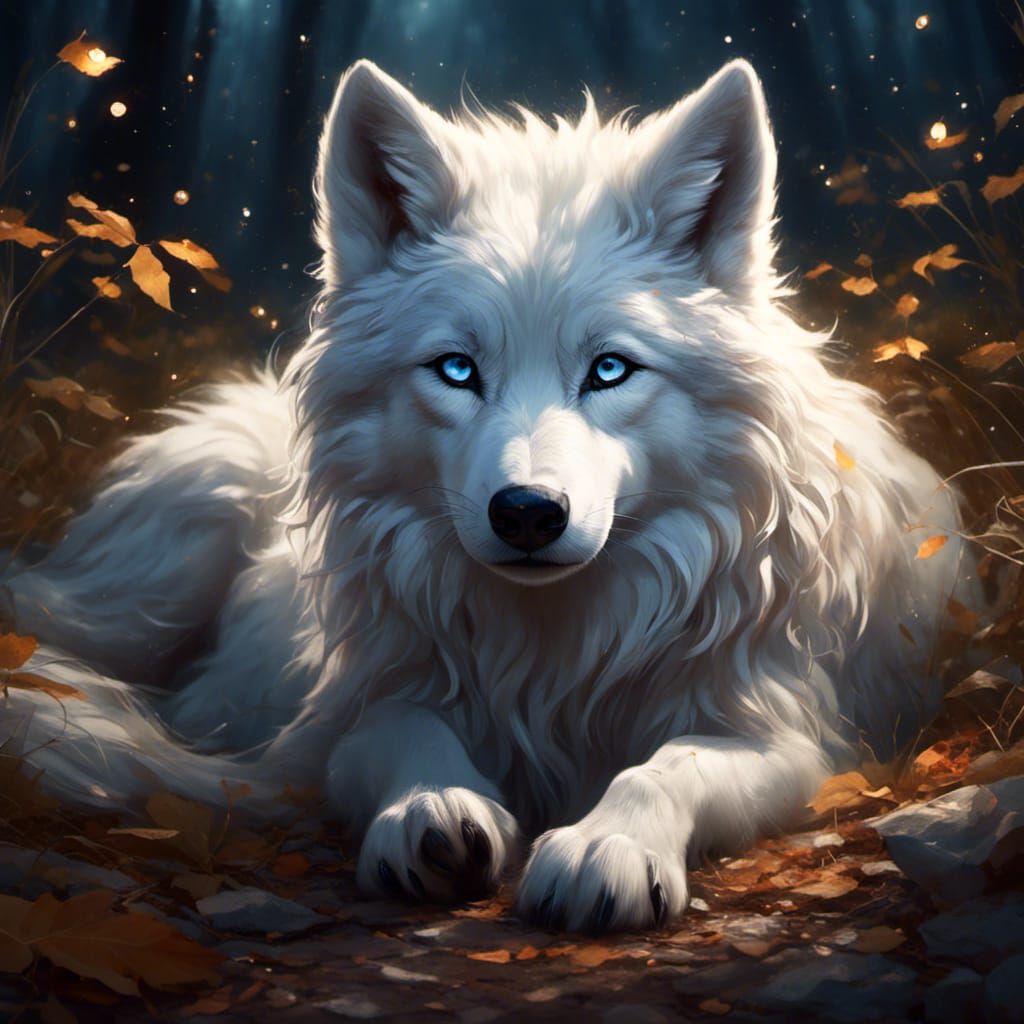 Adorable White Wolf Portrait in Hyper-Realistic Style